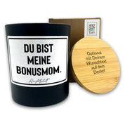 Duftkerze mit Spruch – Du bist meine Bonusmom. – Geschenk für Mama, Muttertag, handgemachte Sojakerze im Glas, nachhaltig, optional mit personalisiertem Bambusdeckel