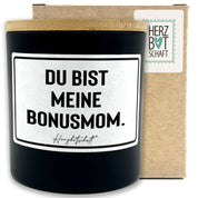 Duftkerze mit Spruch – Du bist meine Bonusmom. – Geschenk für Mama, Muttertag, handgemachte Sojakerze im Glas, nachhaltig, optional mit personalisiertem Bambusdeckel