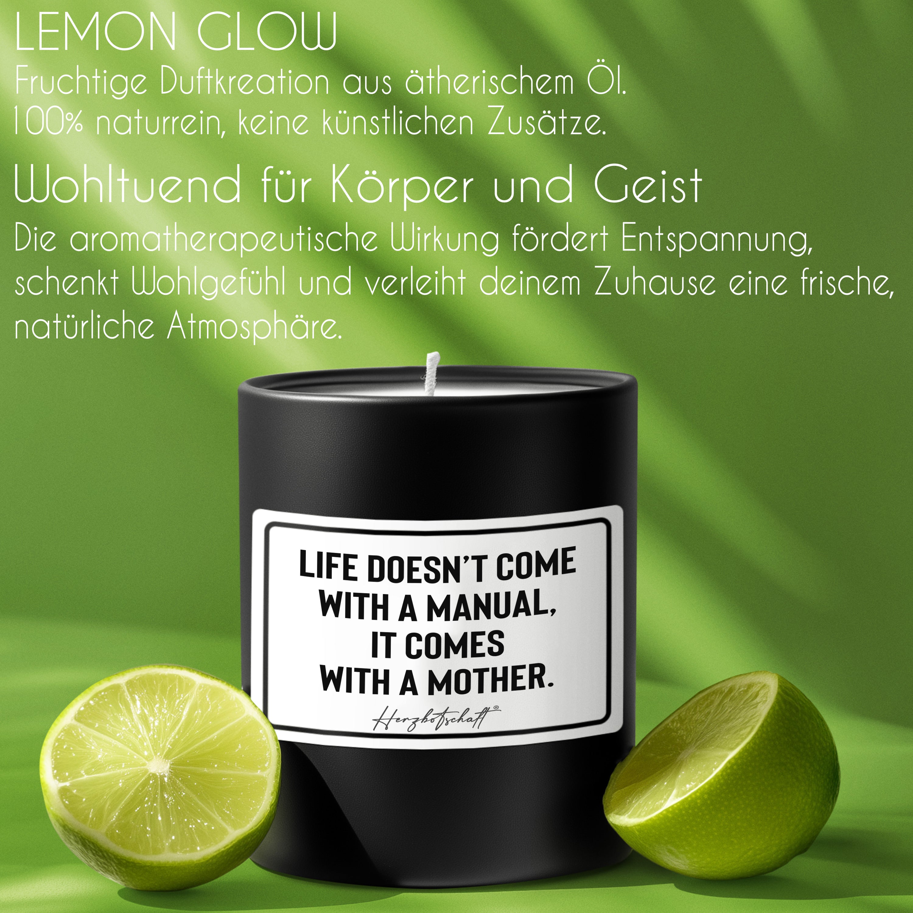 Duftkerze mit Spruch – Life doesn’t come with a manual it comes with a mother – Geschenk für Mama, Muttertag, handgemachte Sojakerze im Glas, nachhaltig, optional mit personalisiertem Bambusdeckel