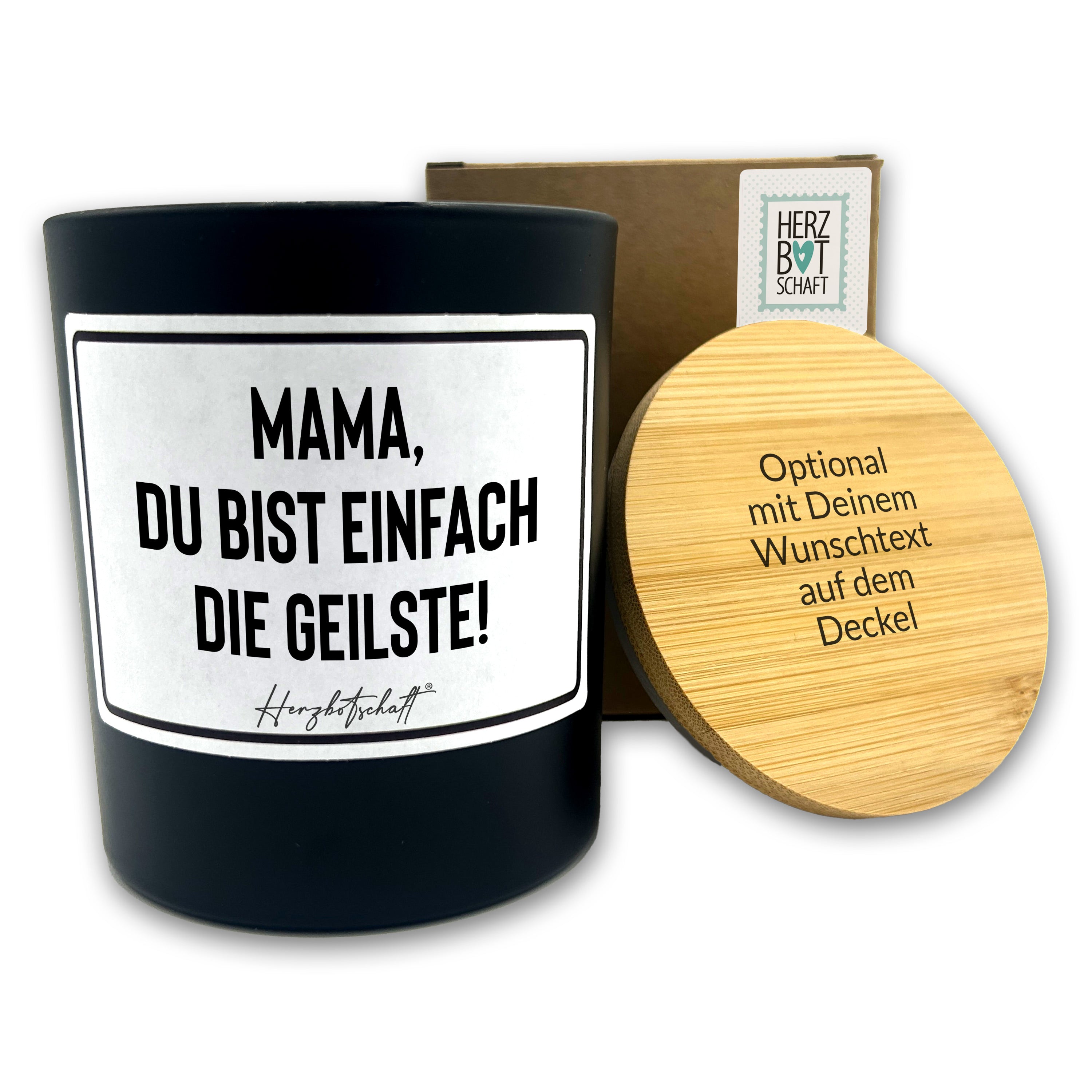 Duftkerze mit Spruch – Mama, du bist einfach die geilste! – Geschenk für Mama, Muttertag, handgemachte Sojakerze im Glas, nachhaltig, optional mit personalisiertem Bambusdeckel