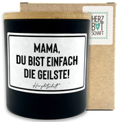 Duftkerze mit Spruch – Mama, du bist einfach die geilste! – Geschenk für Mama, Muttertag, handgemachte Sojakerze im Glas, nachhaltig, optional mit personalisiertem Bambusdeckel