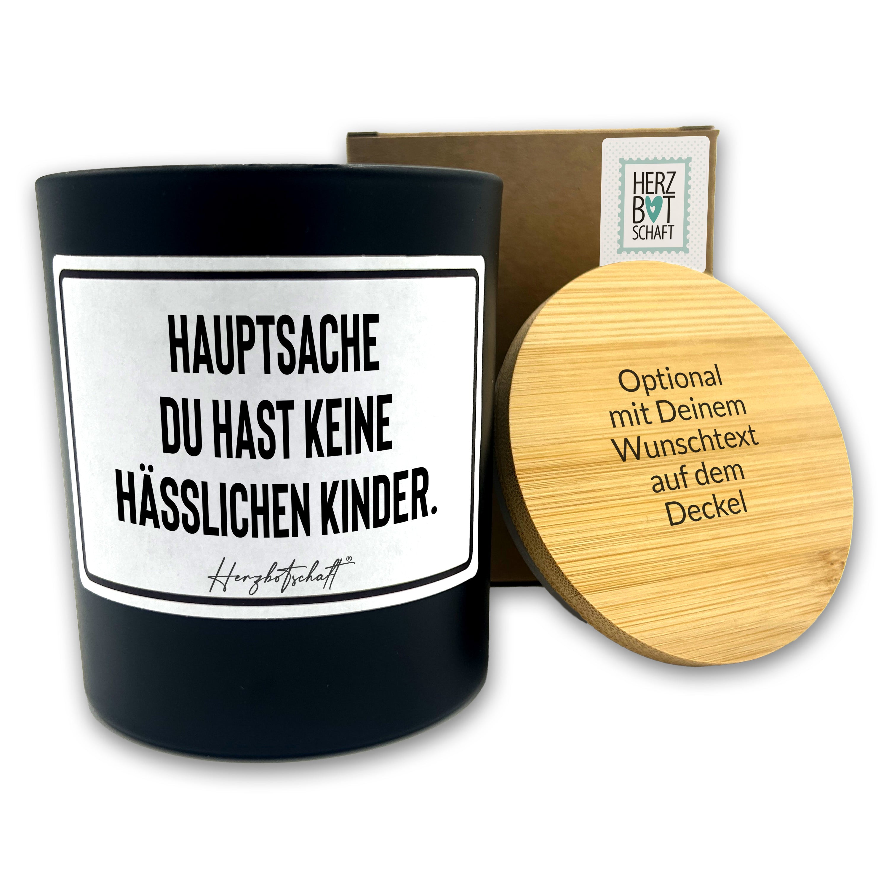 Duftkerze mit Spruch – Hauptsache du hast keine hässlichen Kinder. – Geschenk für Mama, Muttertag, handgemachte Sojakerze im Glas, nachhaltig, optional mit personalisiertem Bambusdeckel