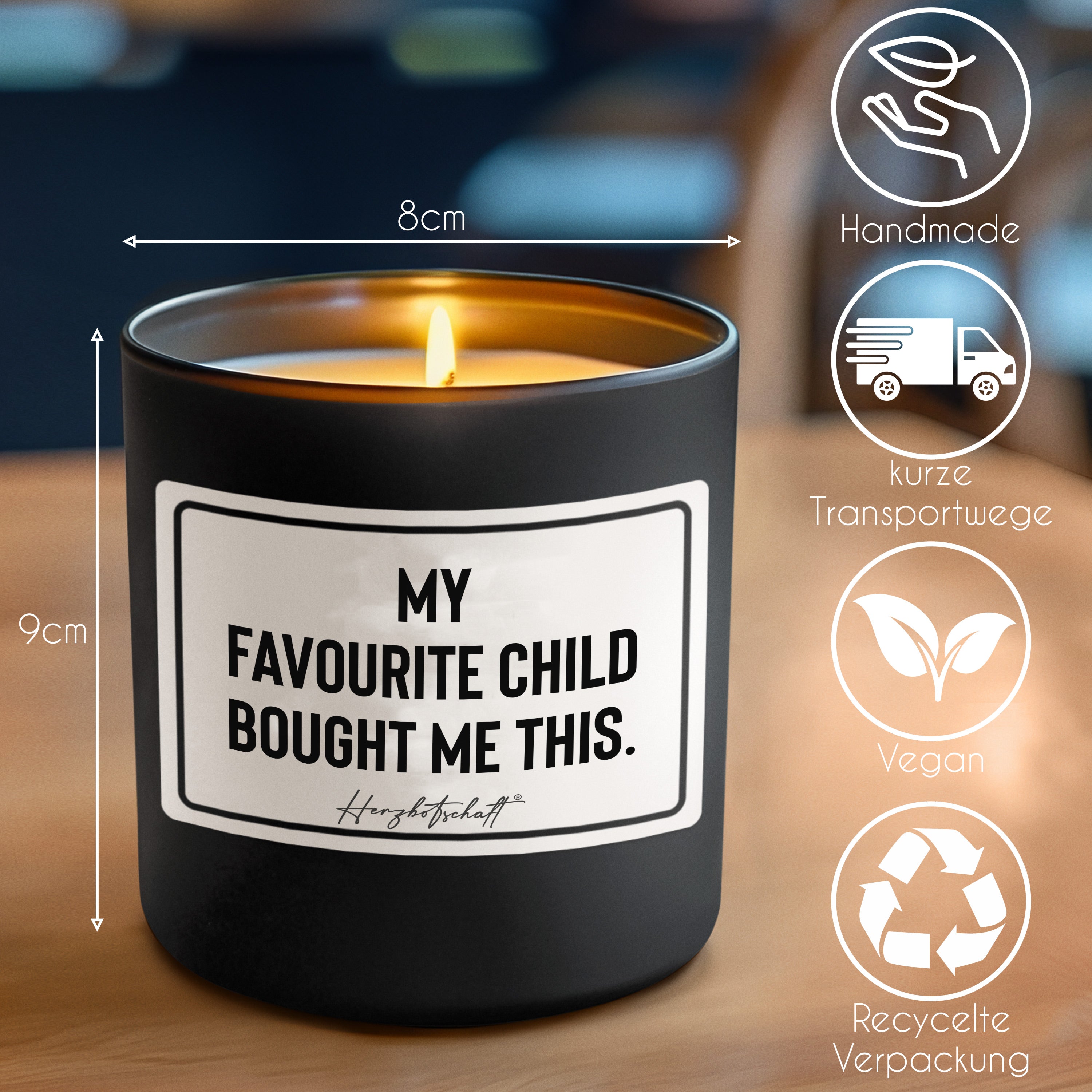 Duftkerze mit Spruch – My favourite child bought me this. – Geschenk für Papa, Vatertag, handgemachte Sojakerze im Glas, nachhaltig, optional mit personalisiertem Bambusdeckel
