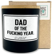 Duftkerze mit Spruch – Dad of the fucking year. – Geschenk für Papa, Vatertag, handgemachte Sojakerze im Glas, nachhaltig, optional mit personalisiertem Bambusdeckel