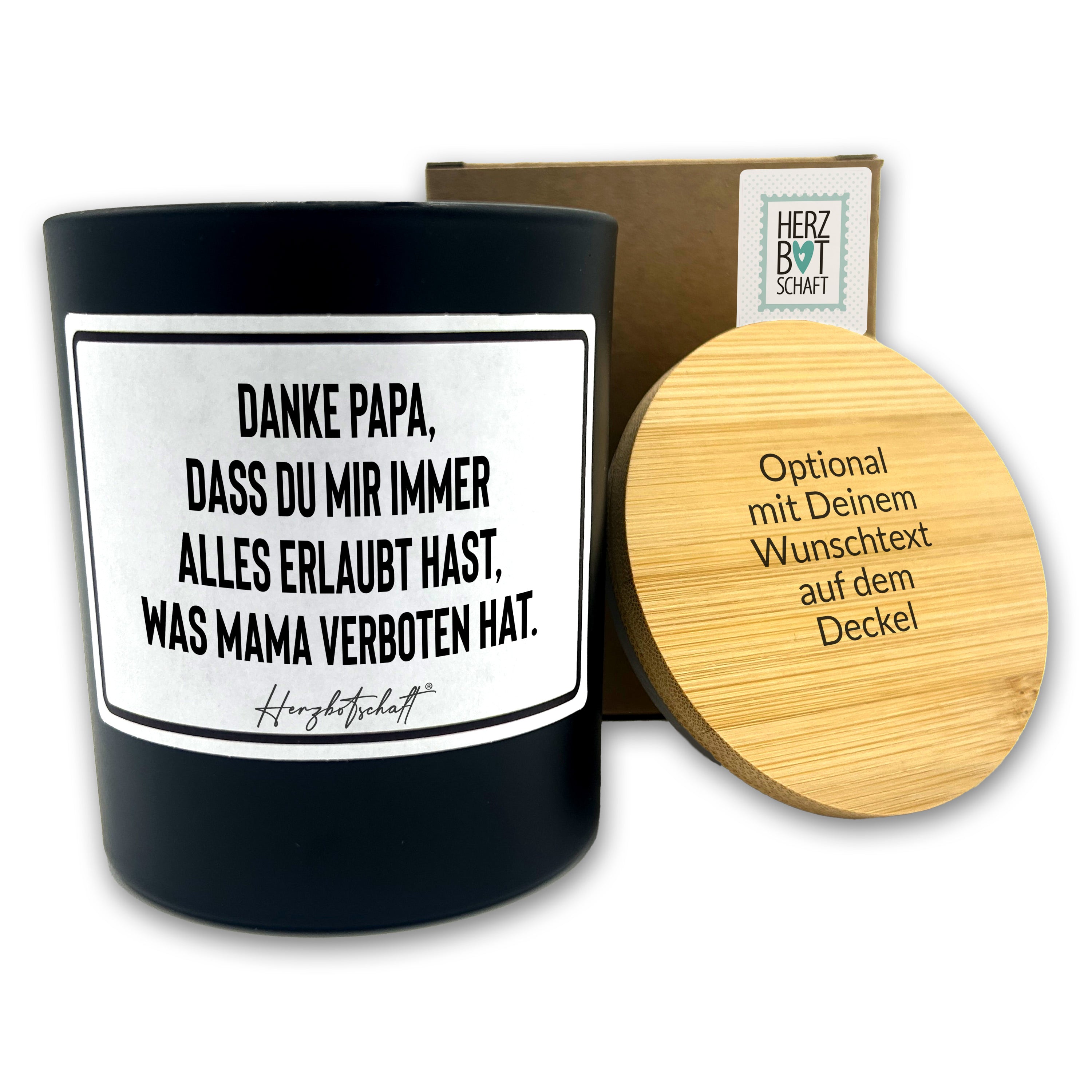 Duftkerze mit Spruch – Danke Papa, dass du mir immer alles erlaubt hast, was Mama verboten hat. – Geschenk für Papa, Vatertag, handgemachte Sojakerze im Glas, nachhaltig, optional mit personalisiertem Bambusdeckel