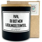 Duftkerze mit Spruch – Papa, du bist mein Lieblingselternteil. – Geschenk für Papa, Vatertag, handgemachte Sojakerze im Glas, nachhaltig, optional mit personalisiertem Bambusdeckel