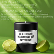 Duftkerze mit Spruch – Die Welt ist schön weil du mit drauf bist. Happy Birthday – originelles Geschenk, handgemachte Sojakerze im Glas, nachhaltig, optional mit personalisiertem Bambusdeckel