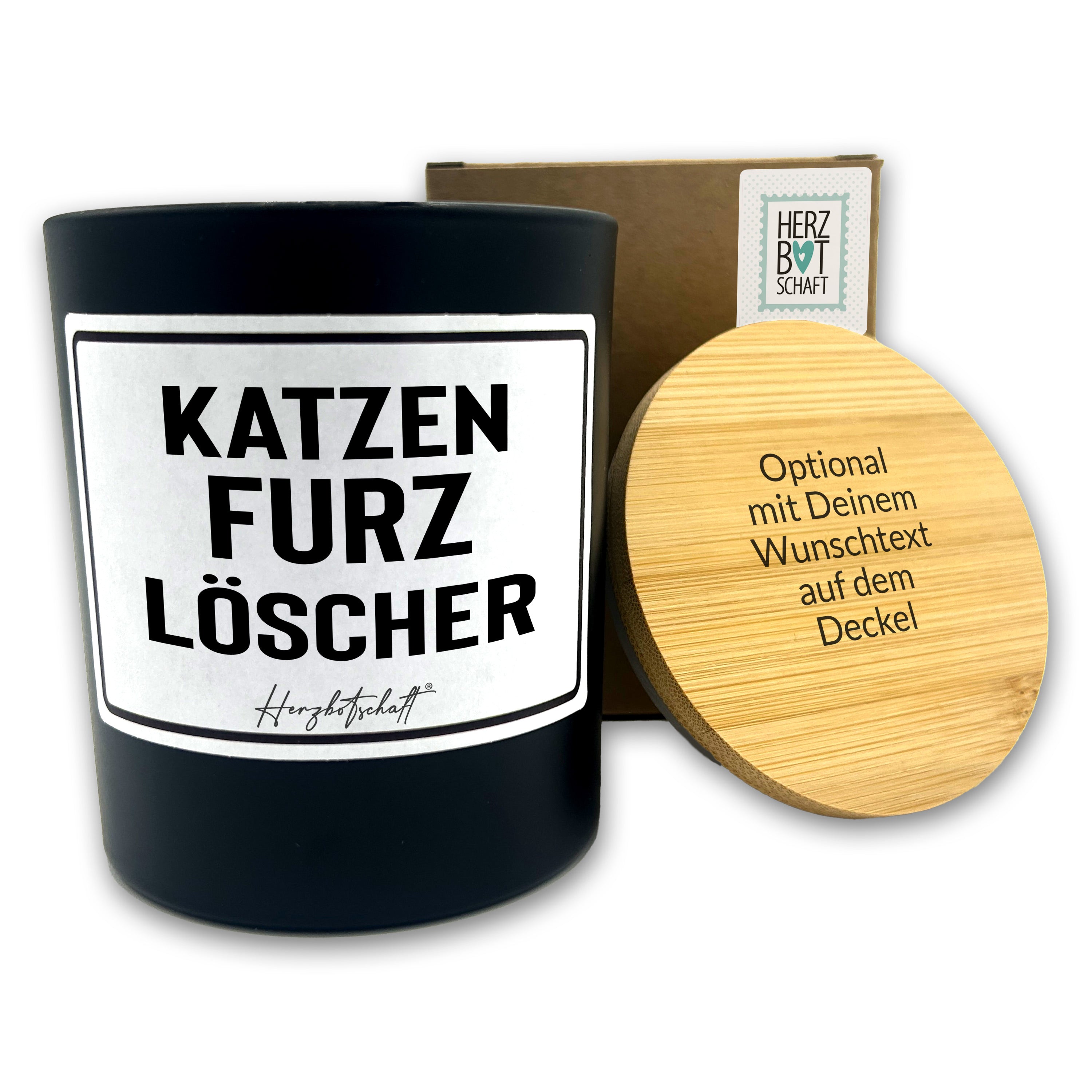 Duftkerze mit Spruch – Katzenfurzlöscher – originelles Geschenk, handgemachte Sojakerze im Glas, nachhaltig, optional mit personalisiertem Bambusdeckel
