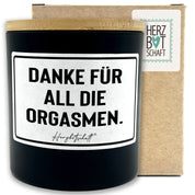 Duftkerze mit Spruch – Danke für all die Orgasmen. – originelles Geschenk, handgemachte Sojakerze im Glas, nachhaltig, optional mit personalisiertem Bambusdeckel