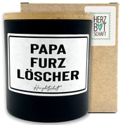 Duftkerze mit Spruch – Papafurzlöscher – Geschenk für Papa, Vatertag, handgemachte Sojakerze im Glas, nachhaltig, optional mit personalisiertem Bambusdeckel