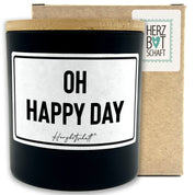 Duftkerze mit Spruch – Oh Happy Day – originelles Geschenk, handgemachte Sojakerze im Glas, nachhaltig, optional mit personalisiertem Bambusdeckel
