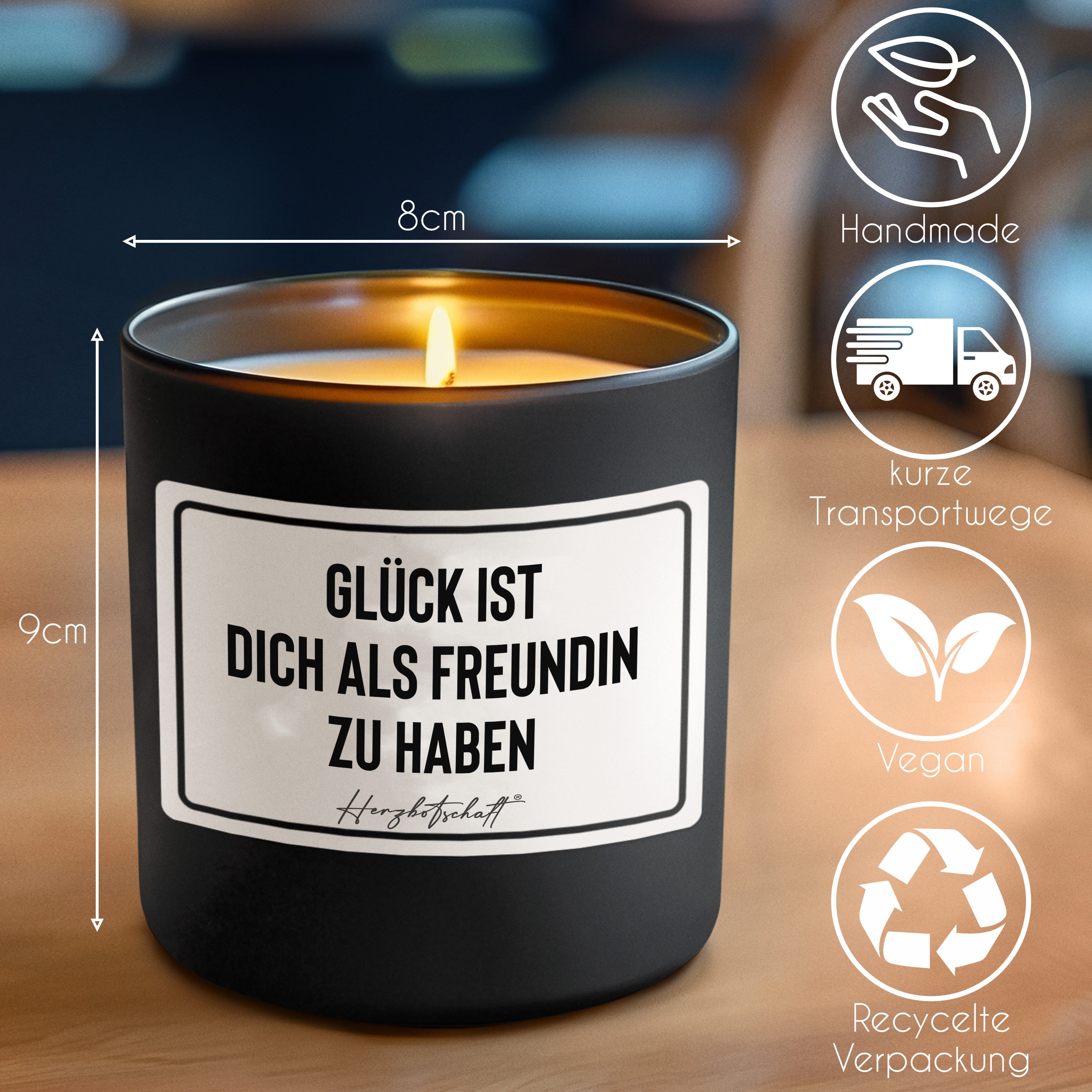 Duftkerze mit Spruch – Glück ist dich als Freundin zu haben – liebevolles Geschenk, handgemachte Sojakerze im Glas, nachhaltig, optional mit personalisiertem Bambusdeckel