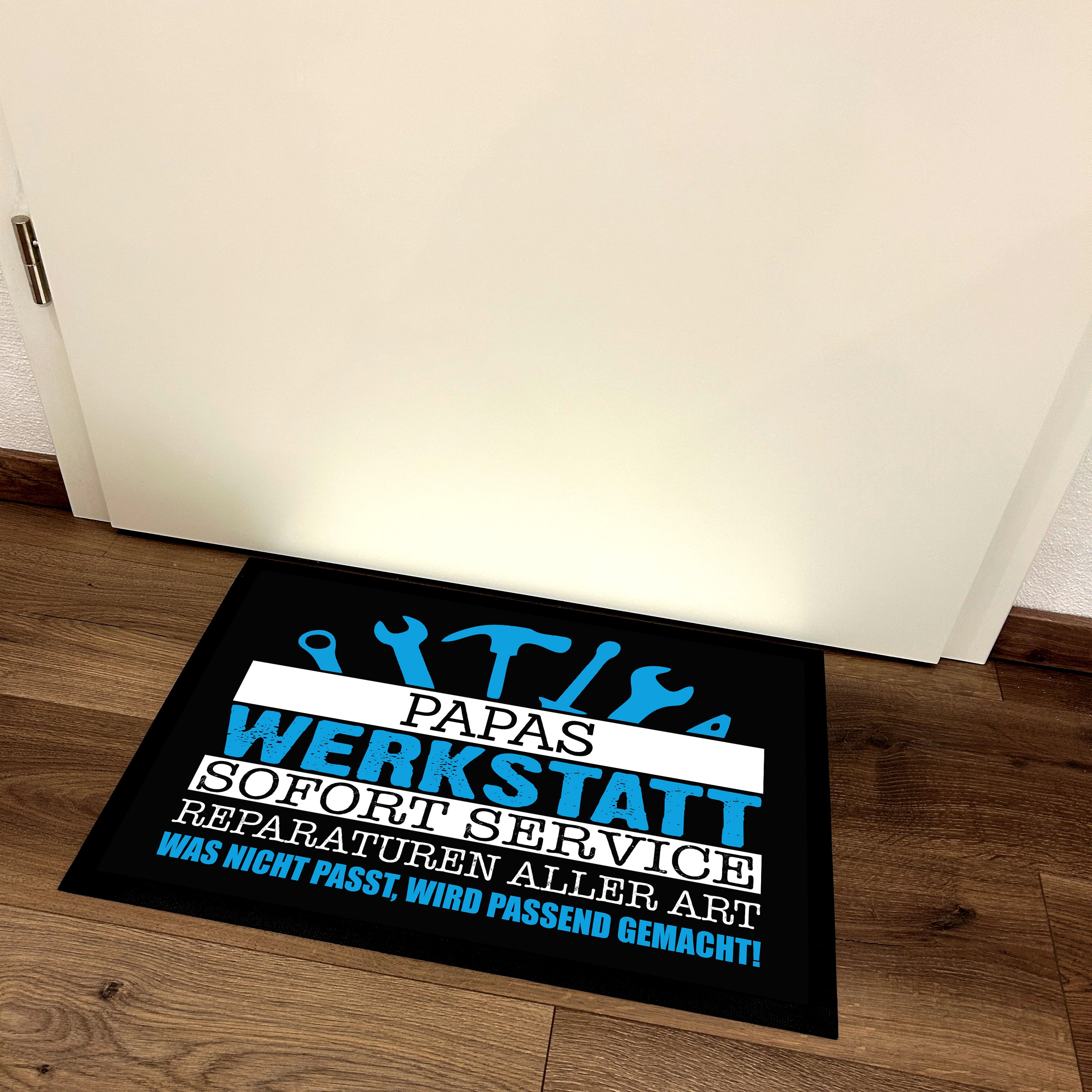 personalisierte Fußmatte mit Wunschnamen - Werkstatt Sofort Service - Reparaturen aller Art Was nicht passt, wird passend gemacht! - für innen und außen | 60x40cm