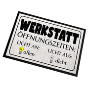 Fußmatte mit Motiv - Werkstatt Öffnungszeiten: Licht an offen - Licht aus dicht - für innen und außen | 60x40cm