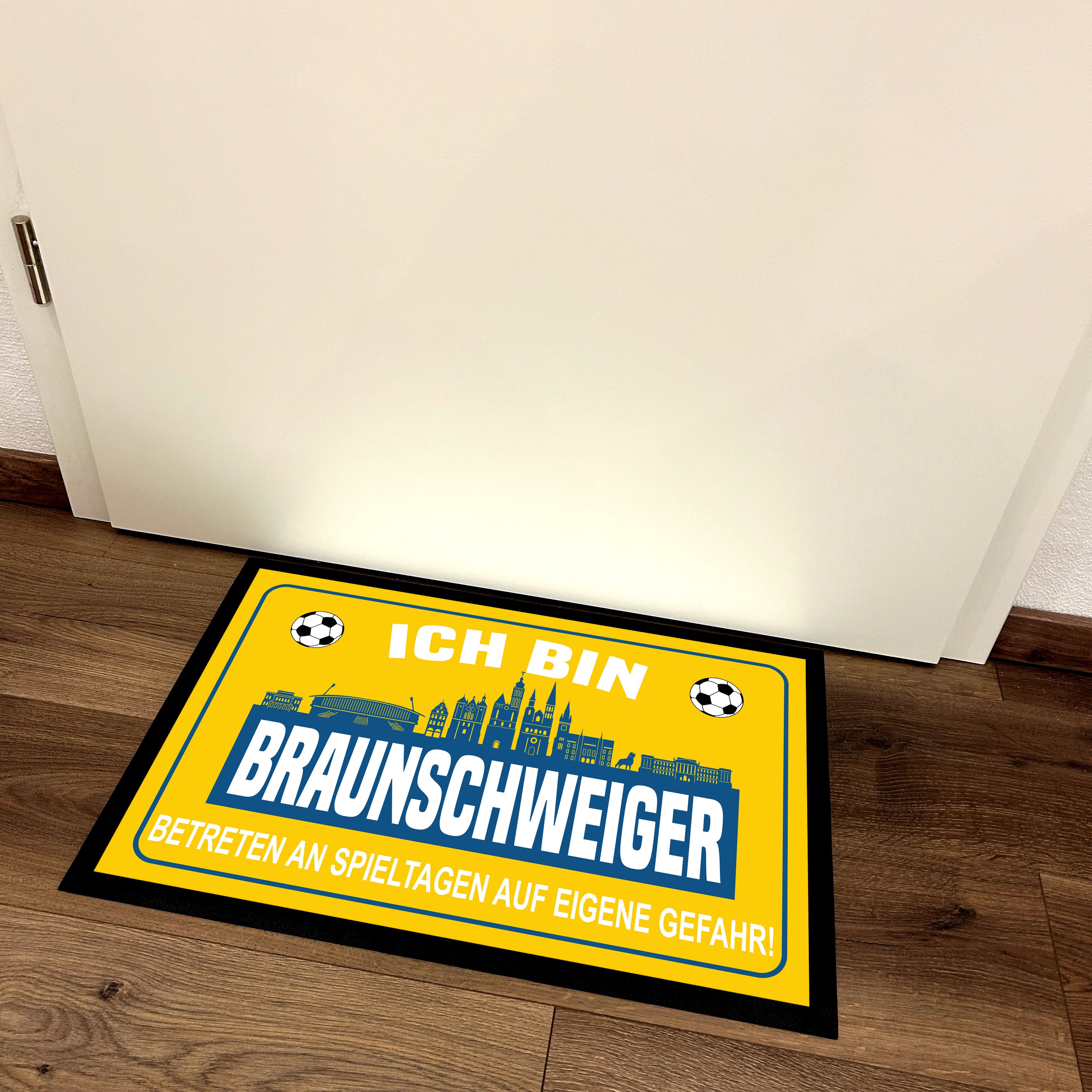 Fußmatte für Fußballfans mit Skyline | 60x40cm | Ich bin Braunschweiger - Betreten an Spieltagen auf eigene Gefahr! | Zeige deine Stadtliebe und Fußballbegeisterung! | für innen und außen