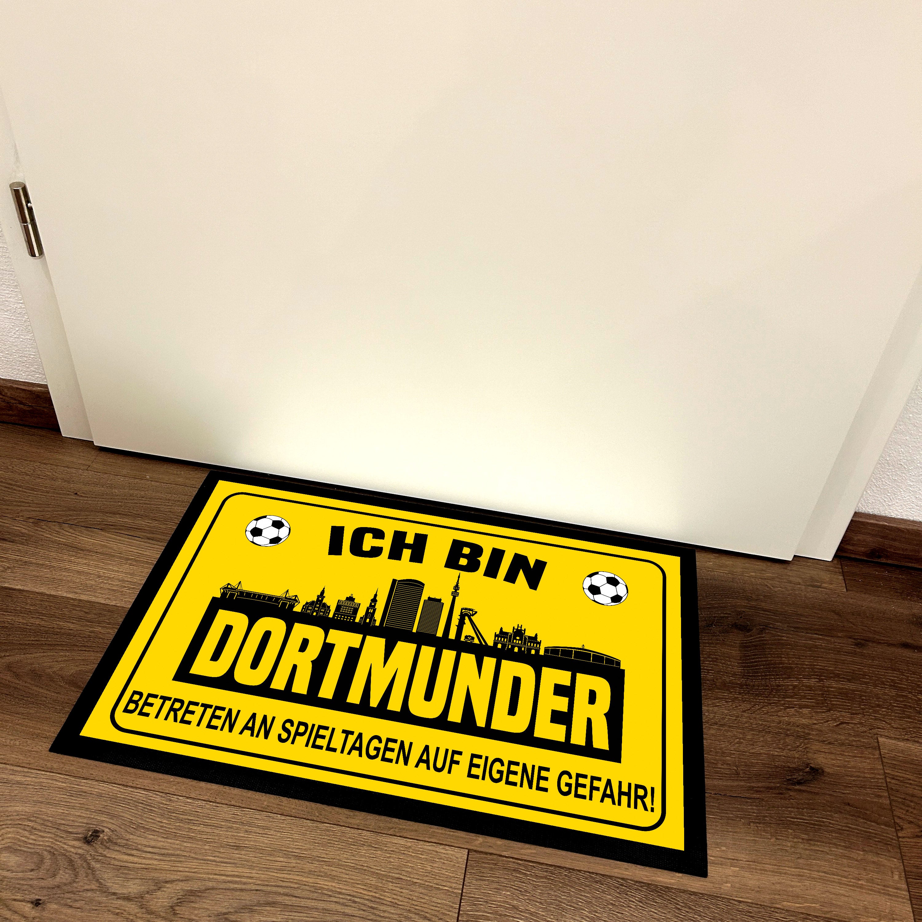 Fußmatte für Fußballfans mit Skyline | 60x40cm | Ich bin Dortmunder - Betreten an Spieltagen auf eigene Gefahr! | Zeige deine Stadtliebe und Fußballbegeisterung! | für innen und außen