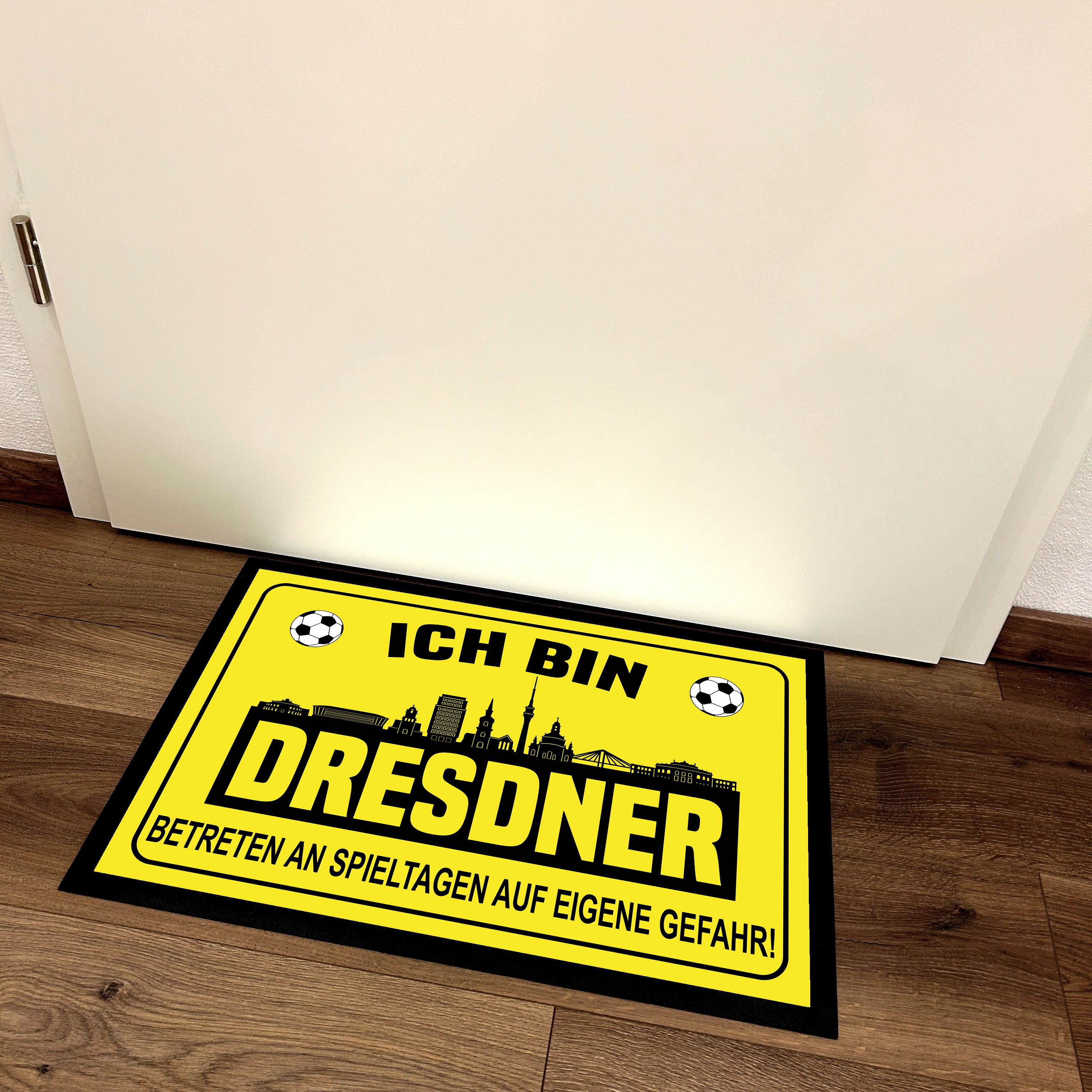 Fußmatte für Fußballfans mit Skyline | 60x40cm | Ich bin Dresdner - Betreten an Spieltagen auf eigene Gefahr! | Zeige deine Stadtliebe und Fußballbegeisterung! | für innen und außen