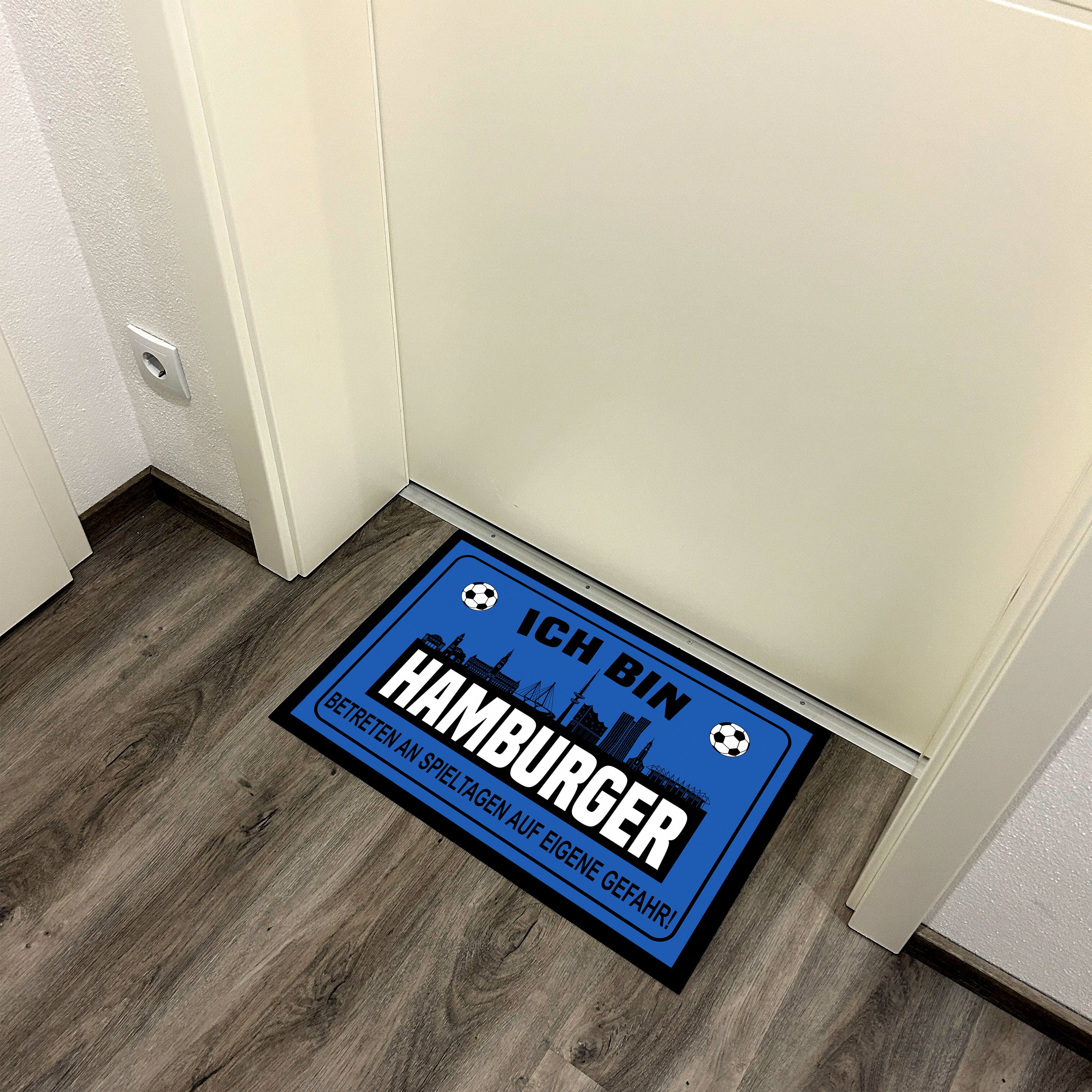Fußmatte für Fußballfans mit Skyline | 60x40cm | Ich bin Hamburger - Betreten an Spieltagen auf eigene Gefahr! | Zeige deine Stadtliebe und Fußballbegeisterung! | für innen und außen