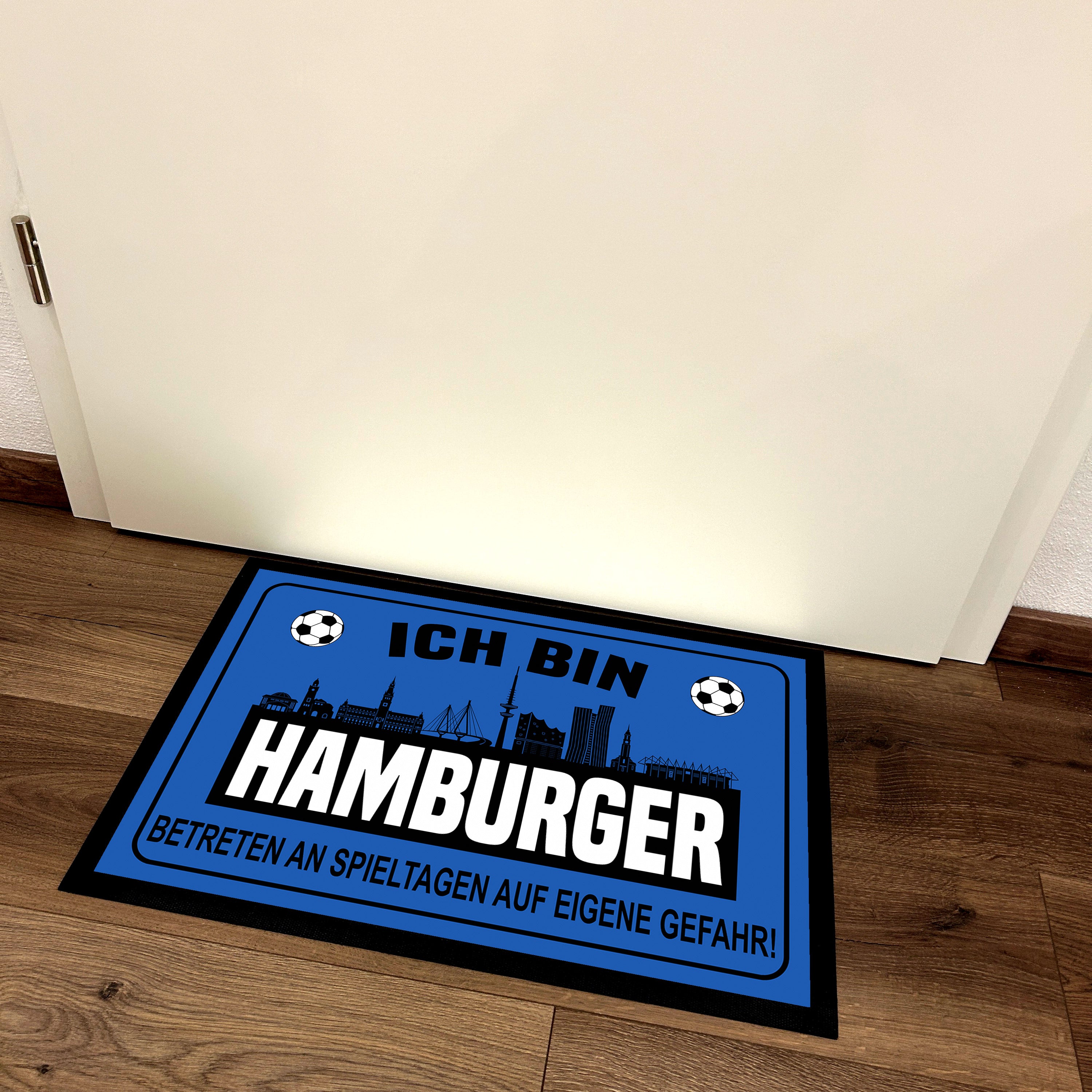 Fußmatte für Fußballfans mit Skyline | 60x40cm | Ich bin Hamburger - Betreten an Spieltagen auf eigene Gefahr! | Zeige deine Stadtliebe und Fußballbegeisterung! | für innen und außen