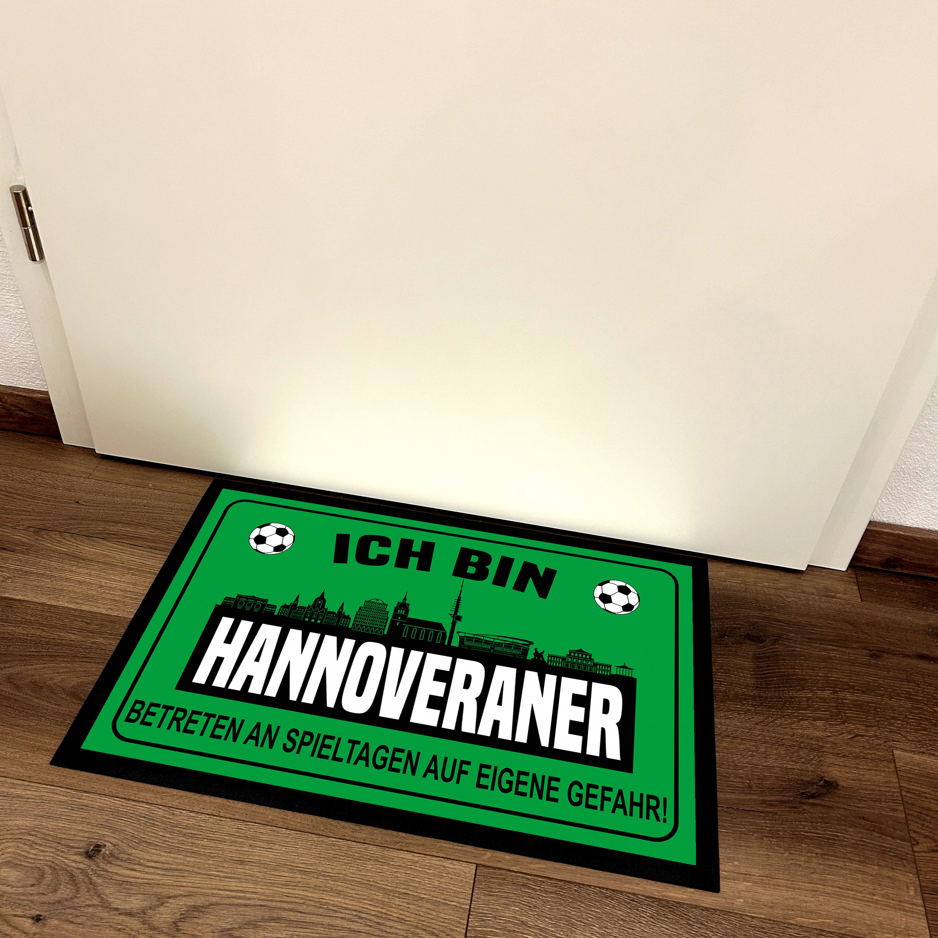 Fußmatte für Fußballfans mit Skyline | 60x40cm | Ich bin Hannoveraner - Betreten an Spieltagen auf eigene Gefahr! | Zeige deine Stadtliebe und Fußballbegeisterung! | für innen und außen