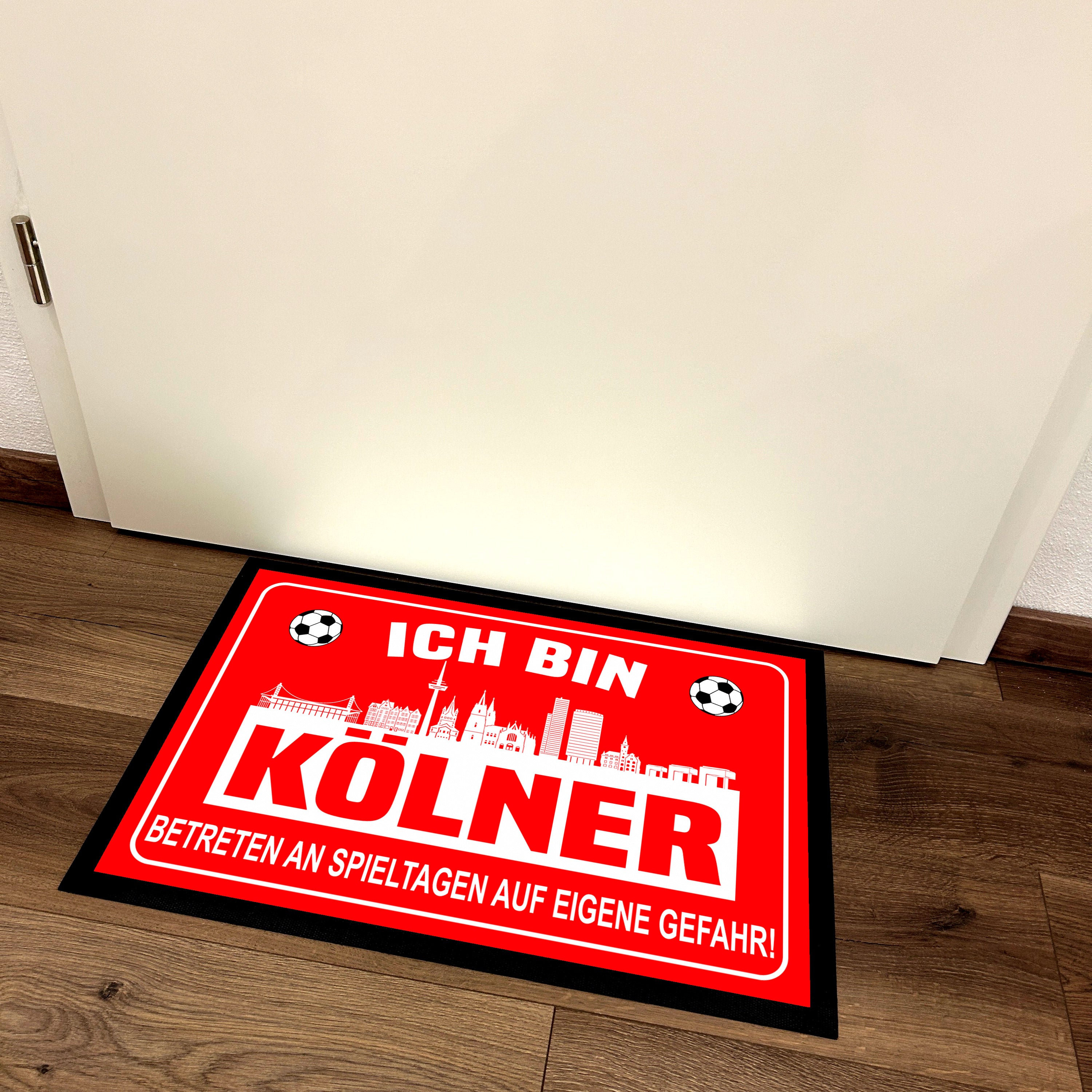 Fußmatte für Fußballfans mit Skyline | 60x40cm | Ich bin Kölner - Betreten an Spieltagen auf eigene Gefahr! | Zeige deine Stadtliebe und Fußballbegeisterung! | für innen und außen