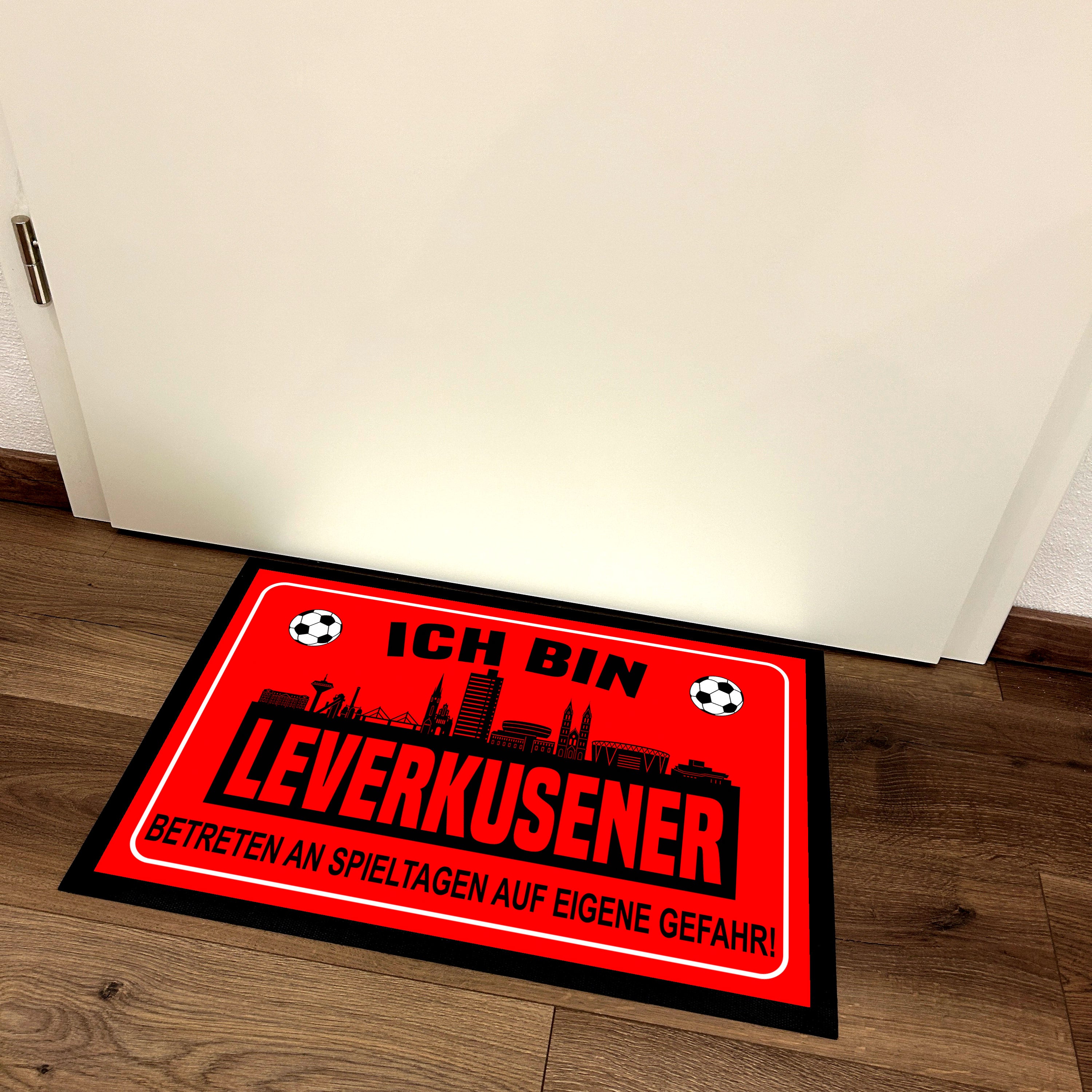 Fußmatte für Fußballfans mit Skyline | 60x40cm | Ich bin Leverkusener - Betreten an Spieltagen auf eigene Gefahr! | Zeige deine Stadtliebe und Fußballbegeisterung! | für innen und außen