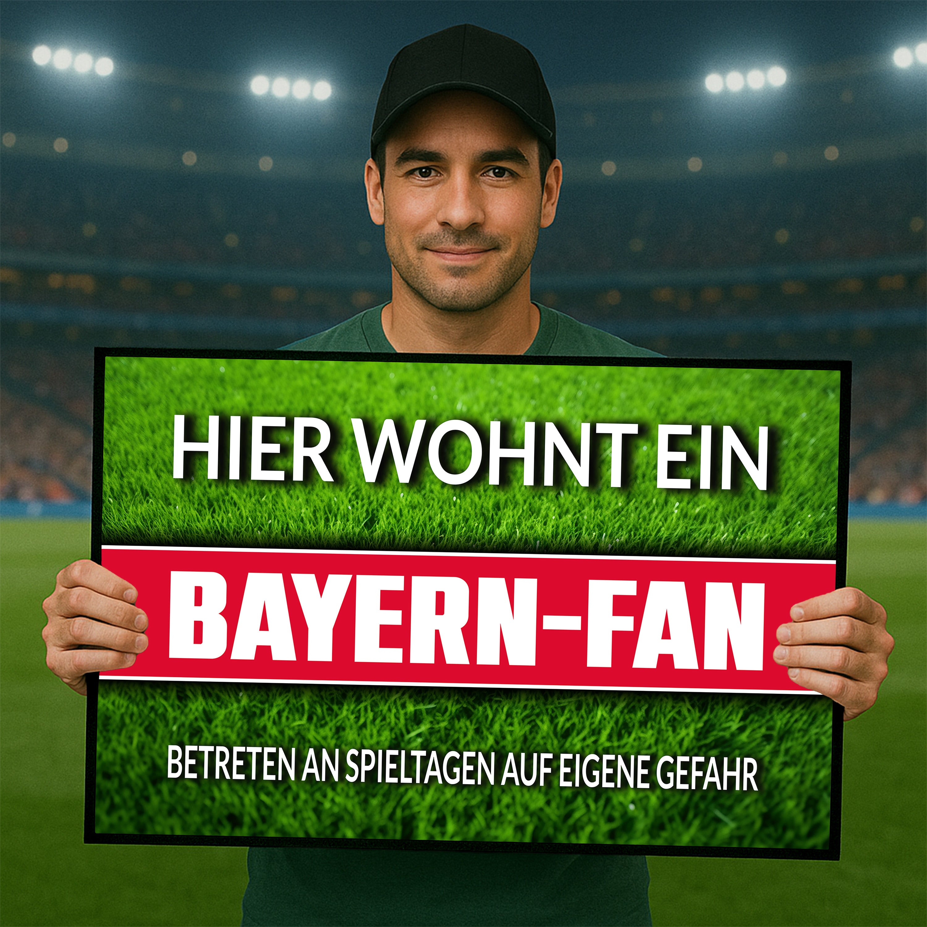 Fußmatte Rasenoptik für Fußball Fans | Hier wohnt ein Bayern Fan - Betreten an Spieltagen auf eigene Gefahr! | Türmatte mit Spruch | 60x40cm | für innen und außen | Vorleger für Haustür / Flur
