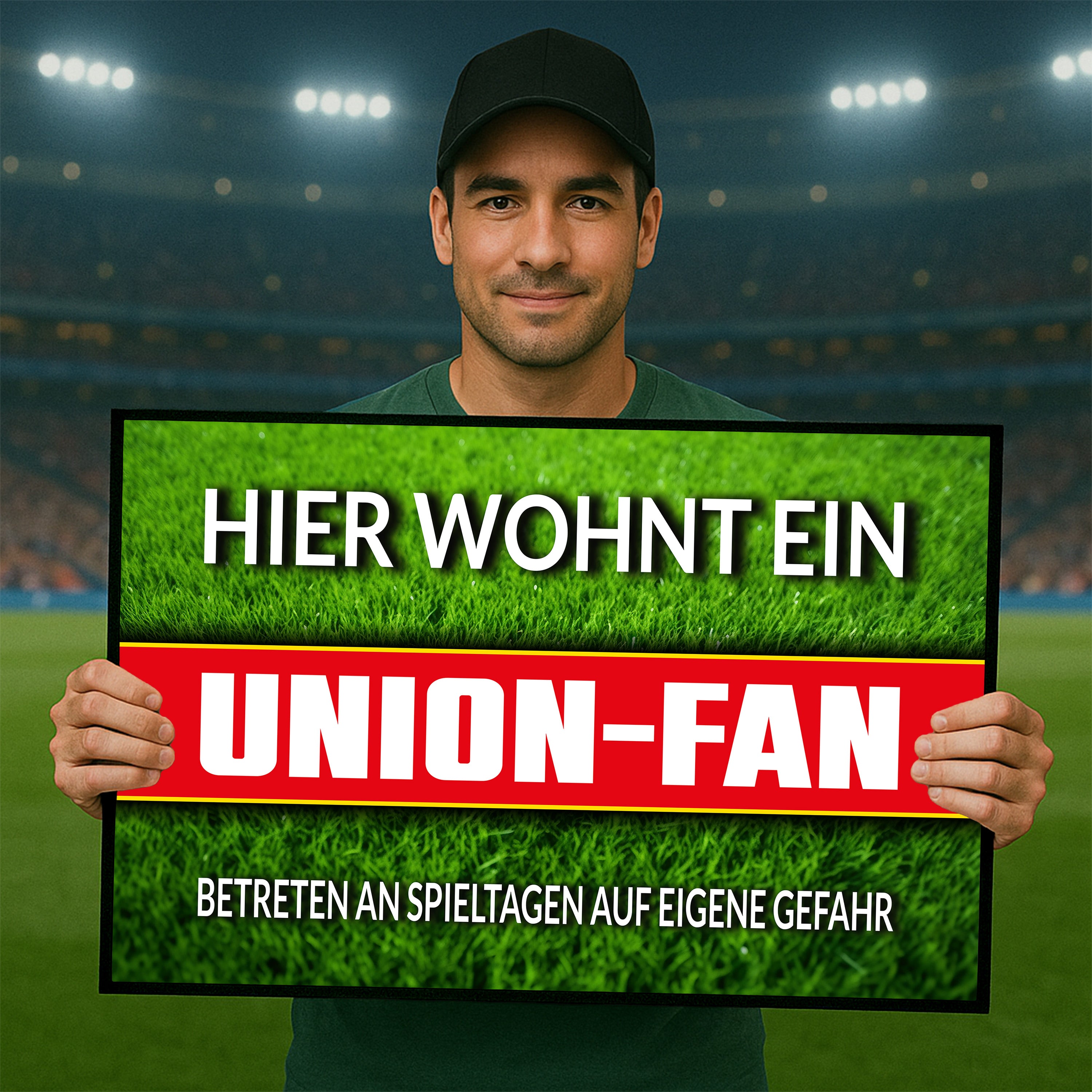 Fußmatte Rasenoptik für Fußball Fans | Hier wohnt ein Union Fan - Betreten an Spieltagen auf eigene Gefahr! | Türmatte mit Spruch | 60x40cm | für innen und außen | Vorleger für Haustür / Flur