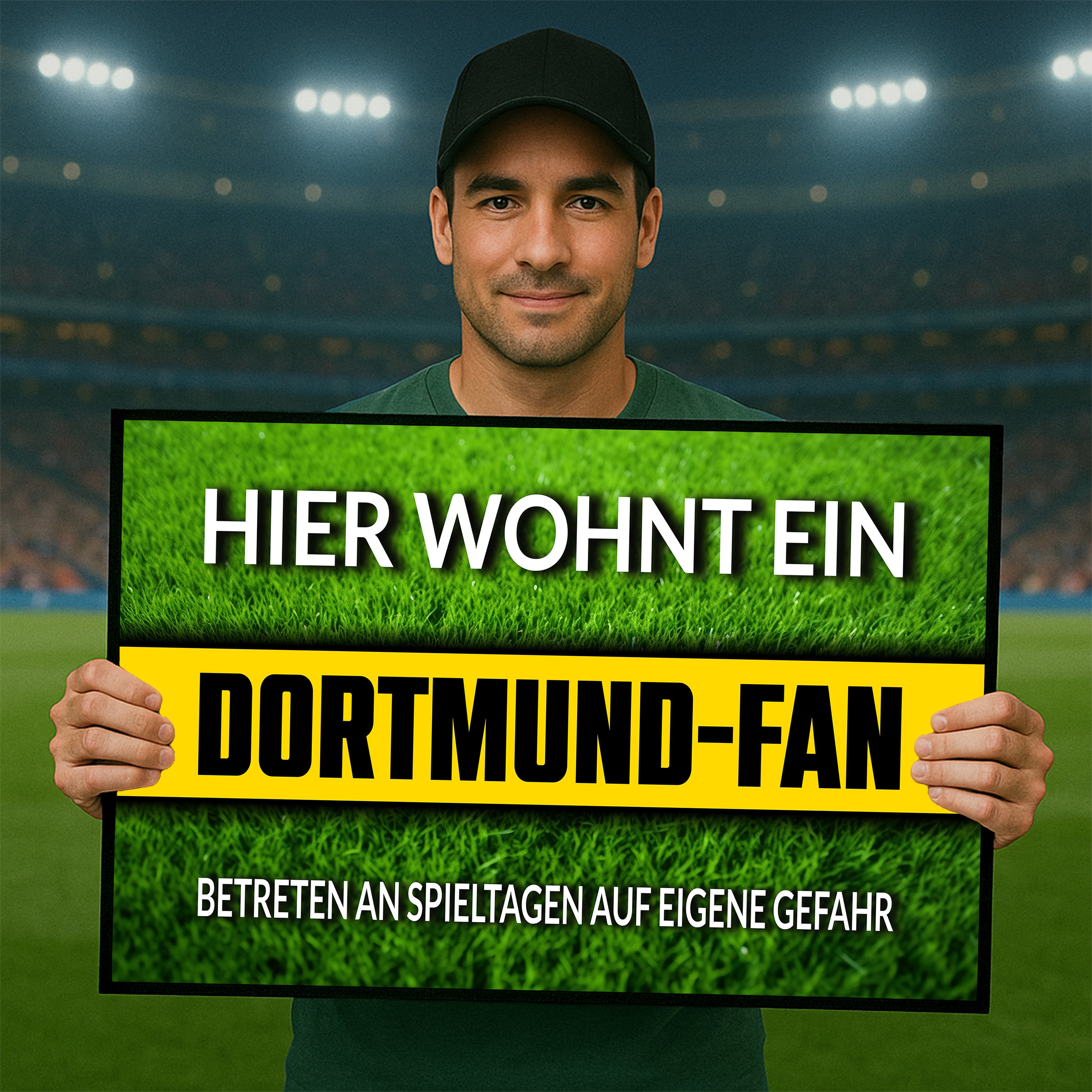 Fußmatte Rasenoptik für Fußball Fans | Hier wohnt ein Dortmund Fan - Betreten an Spieltagen auf eigene Gefahr! | Türmatte mit Spruch | 60x40cm | für innen und außen | Vorleger für Haustür / Flur