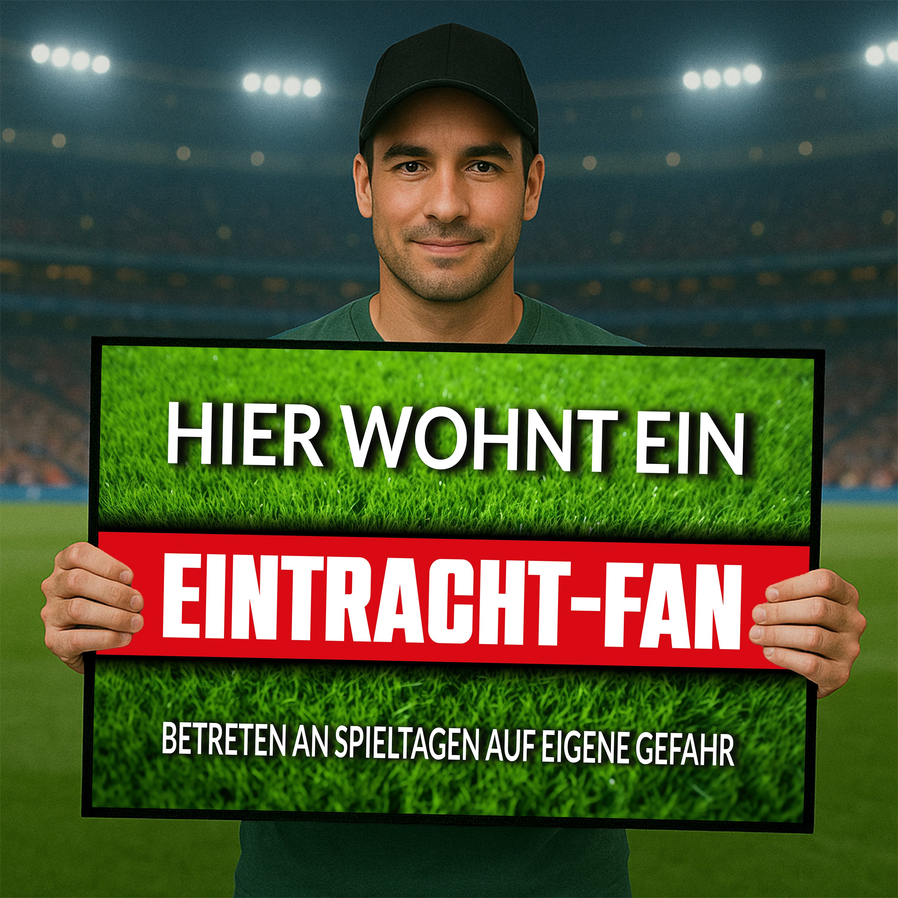 Fußmatte Rasenoptik für Fußball Fans | Hier wohnt ein Eintracht Fan - Betreten an Spieltagen auf eigene Gefahr! | Türmatte mit Spruch | 60x40cm | für innen und außen | Vorleger für Haustür / Flur