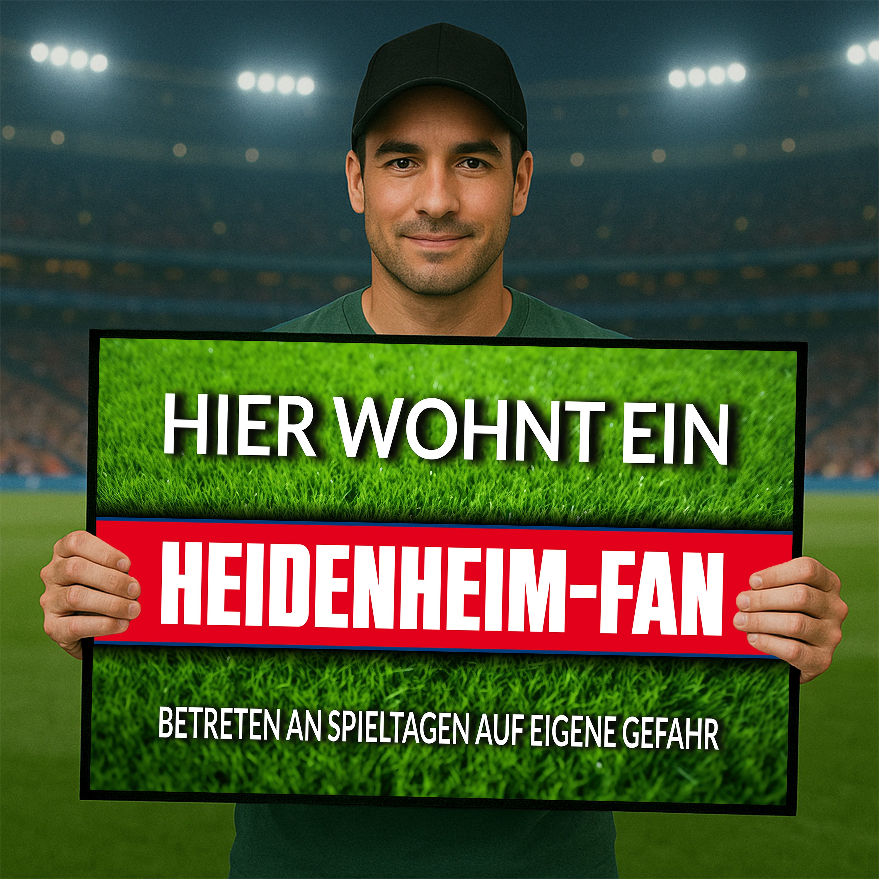 Fußmatte Rasenoptik für Fußball Fans | Hier wohnt ein Heidenheim Fan - Betreten an Spieltagen auf eigene Gefahr! | Türmatte mit Spruch | 60x40cm | für innen und außen | Vorleger für Haustür / Flur