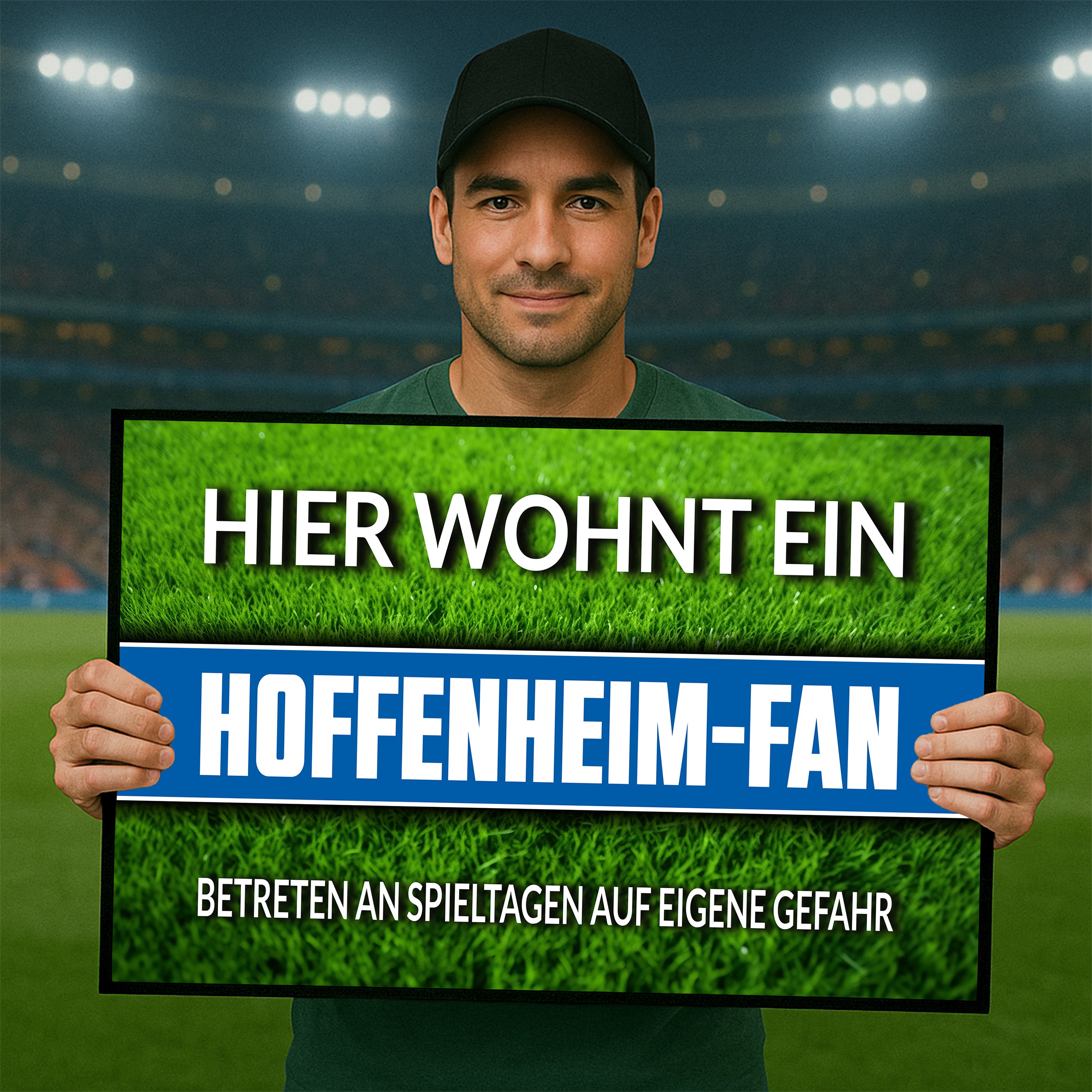 Fußmatte Rasenoptik für Fußball Fans | Hier wohnt ein Hoffenheim Fan - Betreten an Spieltagen auf eigene Gefahr! | Türmatte mit Spruch | 60x40cm | für innen und außen | Vorleger für Haustür / Flur