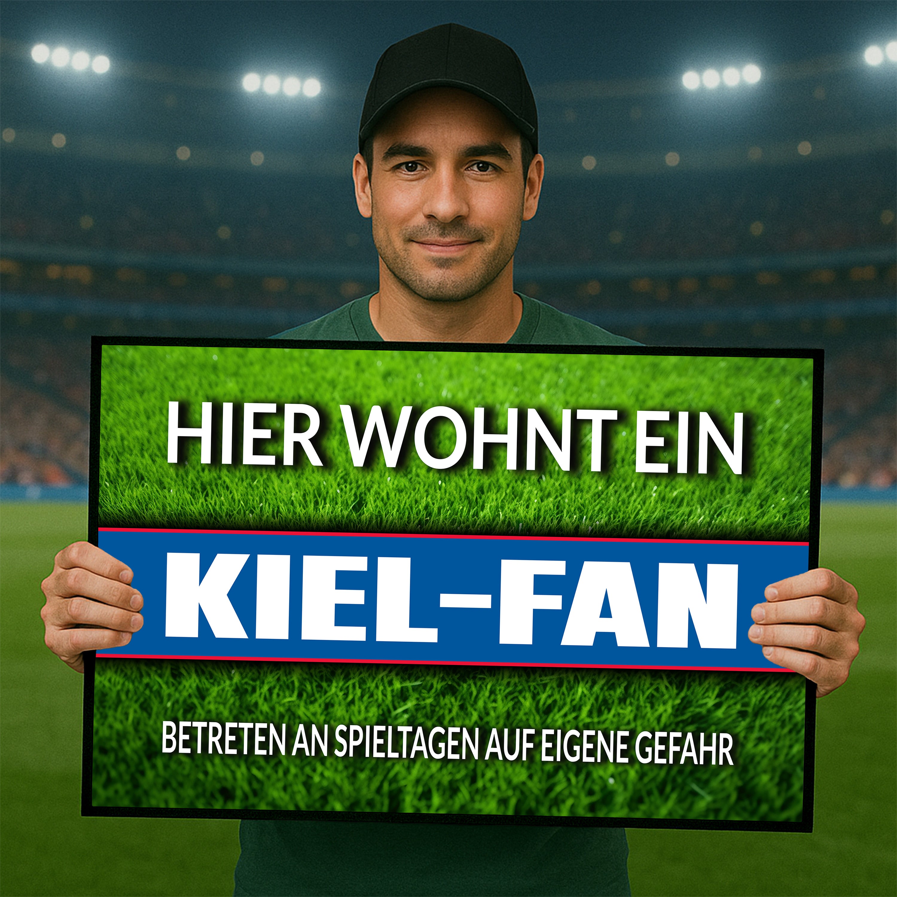 Fußmatte Rasenoptik für Fußball Fans | Hier wohnt ein Kiel Fan - Betreten an Spieltagen auf eigene Gefahr! | Türmatte mit Spruch | 60x40cm | für innen und außen | Vorleger für Haustür / Flur