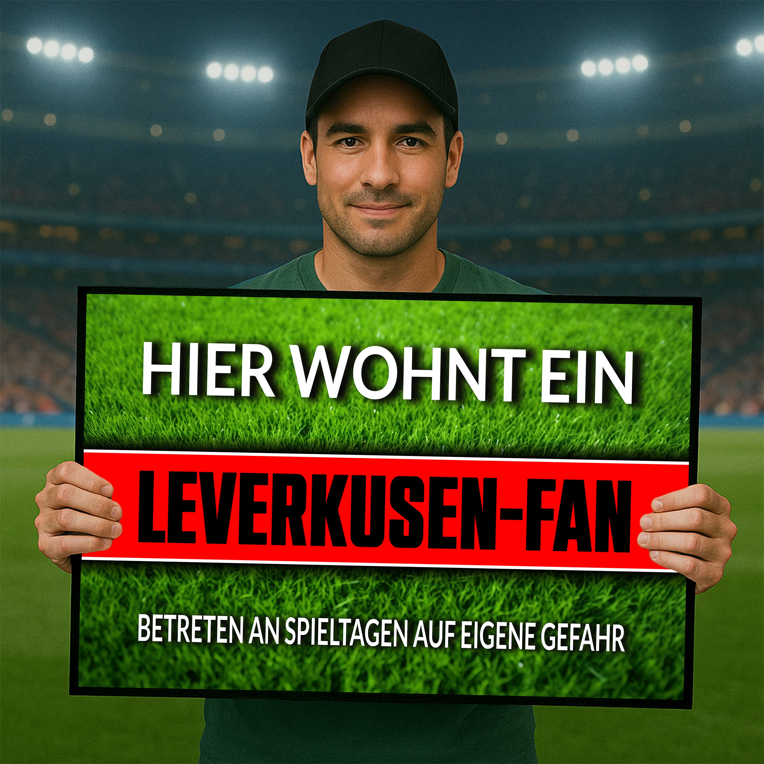 Fußmatte Rasenoptik für Fußball Fans | Hier wohnt ein Leverkusen Fan - Betreten an Spieltagen auf eigene Gefahr! | Türmatte mit Spruch | 60x40cm | für innen und außen | Vorleger für Haustür / Flur
