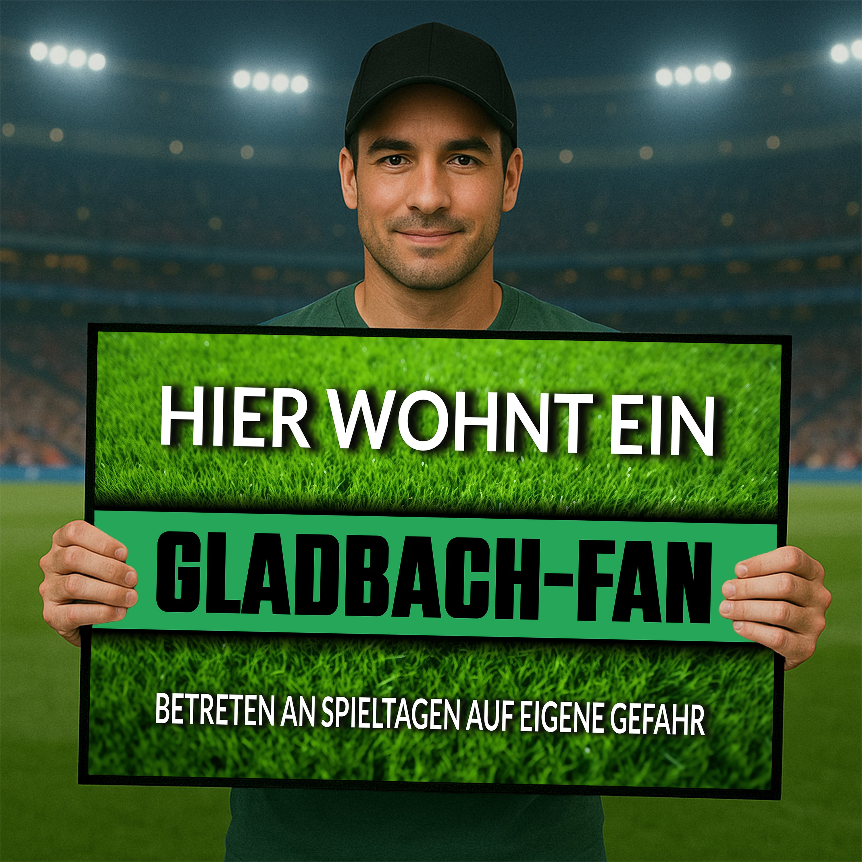 Fußmatte Rasenoptik für Fußball Fans | Hier wohnt ein Gladbach Fan - Betreten an Spieltagen auf eigene Gefahr! | Türmatte mit Spruch | 60x40cm | für innen und außen | Vorleger für Haustür / Flur