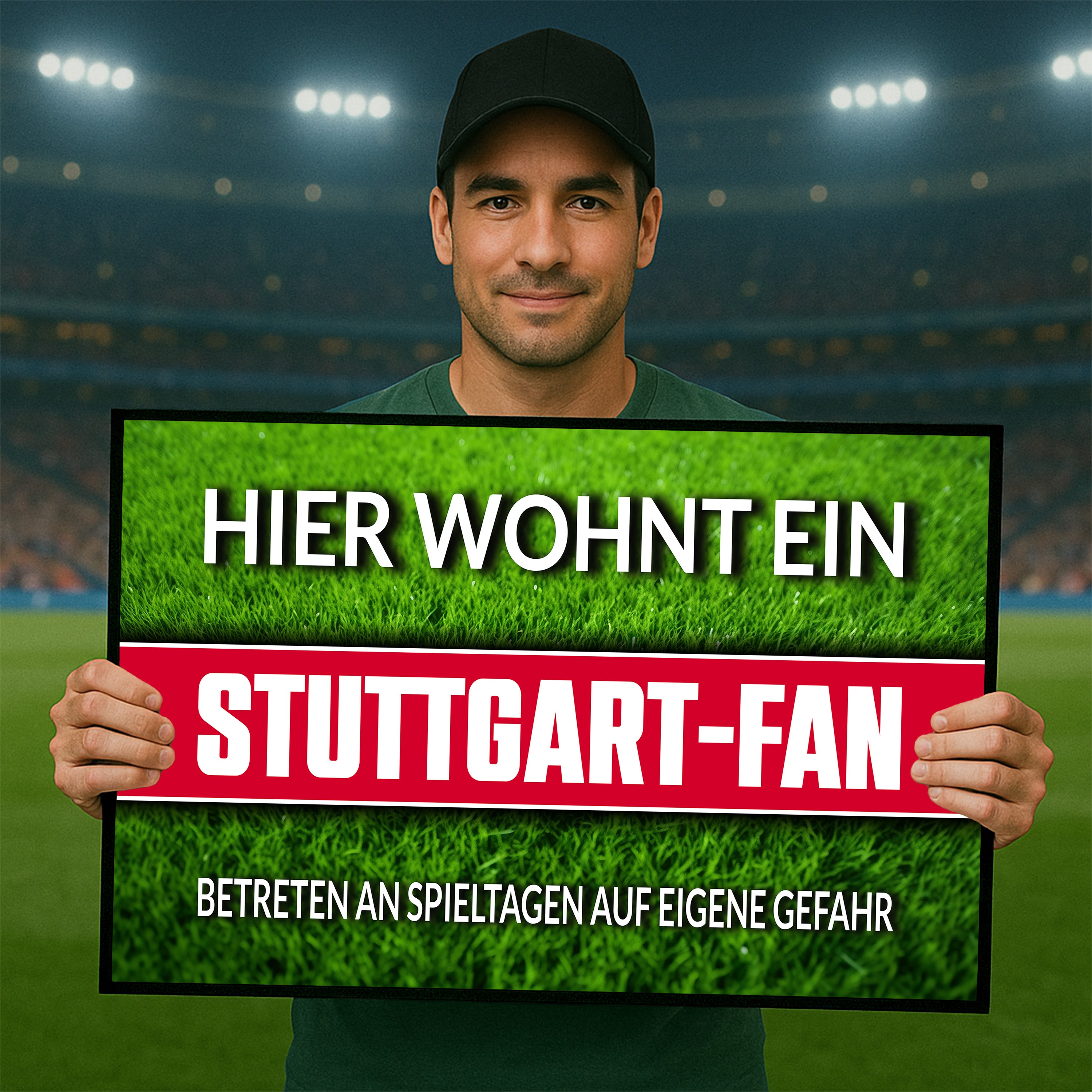 Fußmatte Rasenoptik für Fußball Fans | Hier wohnt ein Stuttgart Fan - Betreten an Spieltagen auf eigene Gefahr! | Türmatte mit Spruch | 60x40cm | für innen und außen | Vorleger für Haustür / Flur