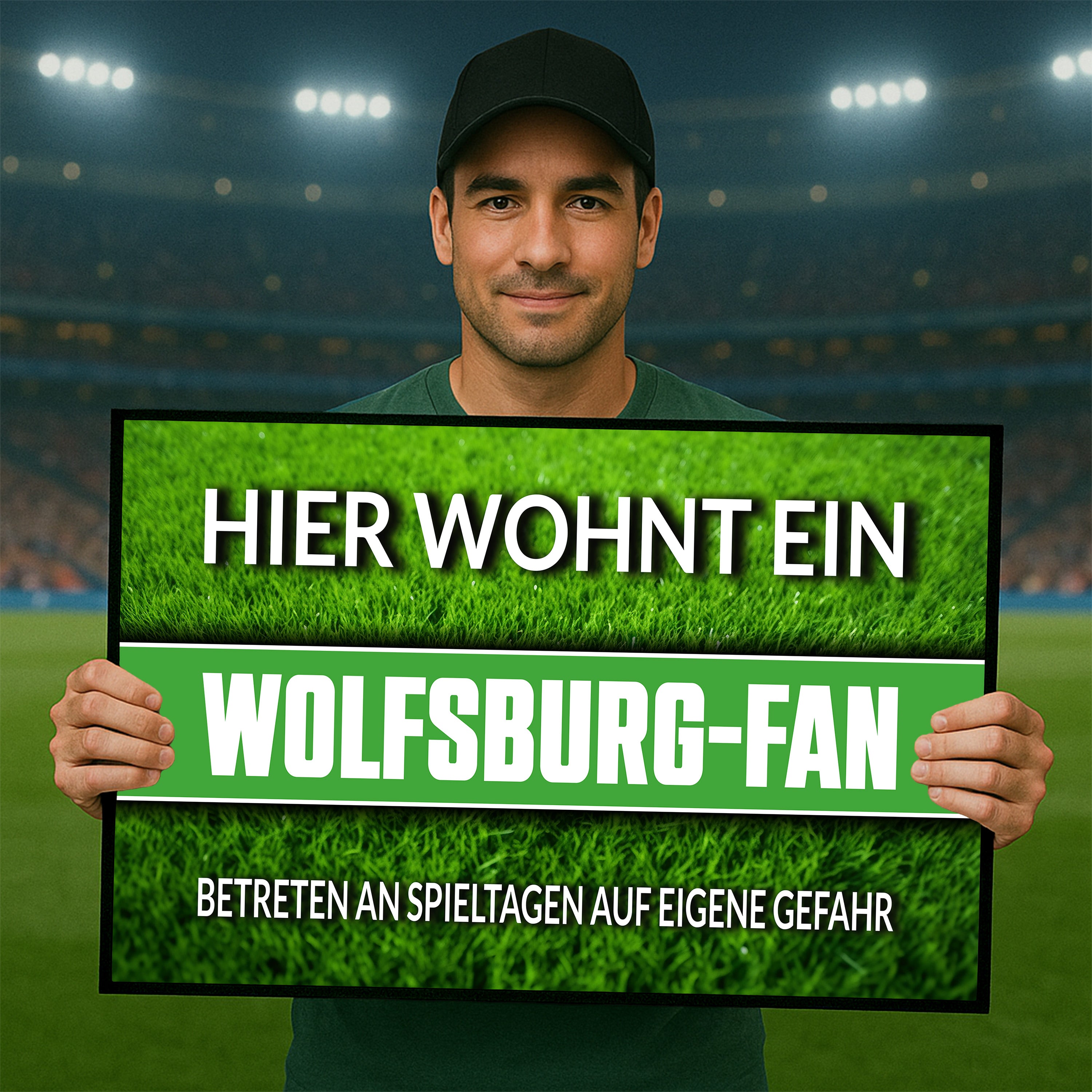 Fußmatte Rasenoptik für Fußball Fans | Hier wohnt ein Wolfsburg Fan - Betreten an Spieltagen auf eigene Gefahr! | Türmatte mit Spruch | 60x40cm | für innen und außen | Vorleger für Haustür / Flur