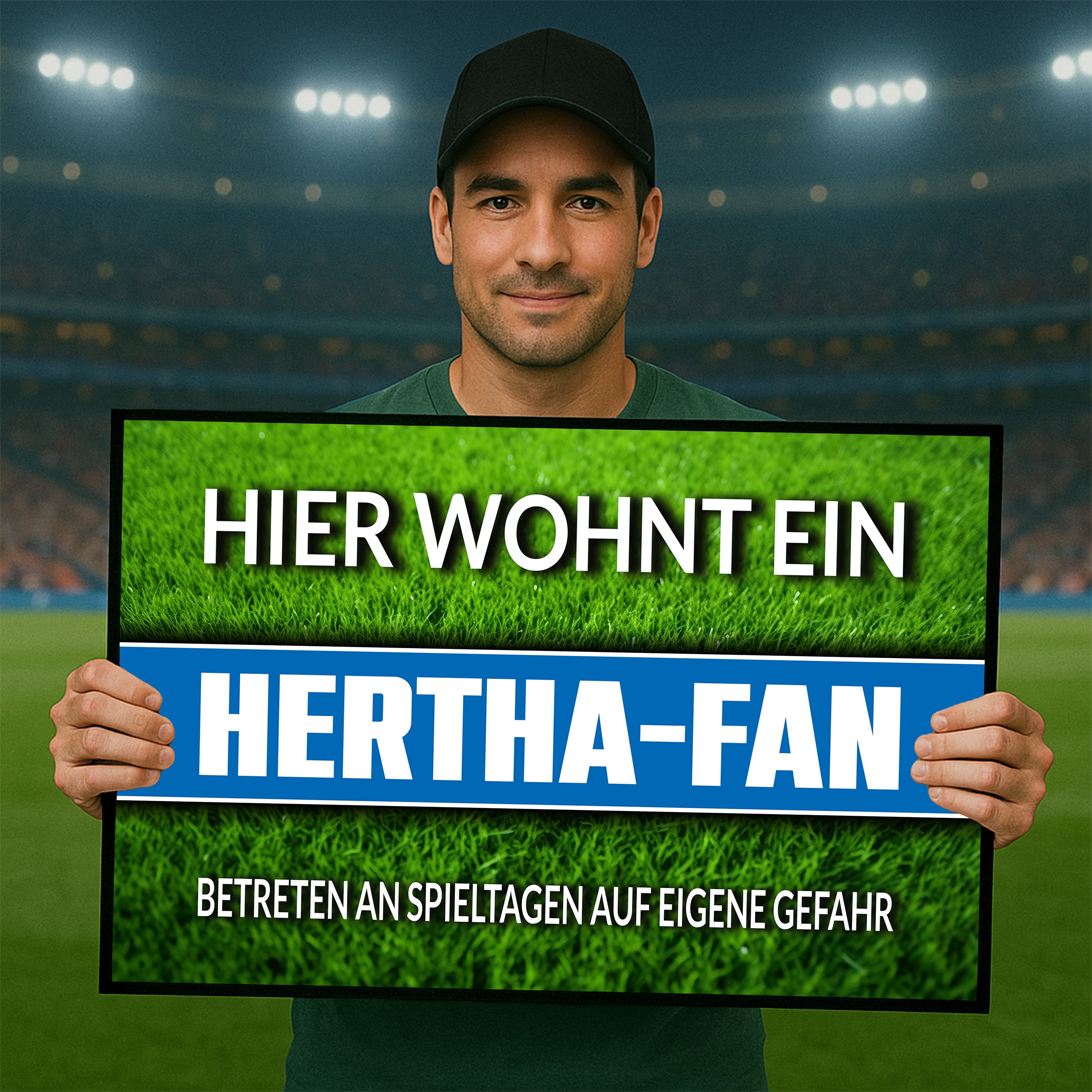 Fußmatte Rasenoptik für Fußball Fans | Hier wohnt ein Hertha Fan - Betreten an Spieltagen auf eigene Gefahr! | Türmatte mit Spruch | 60x40cm | für innen und außen | Vorleger für Haustür / Flur