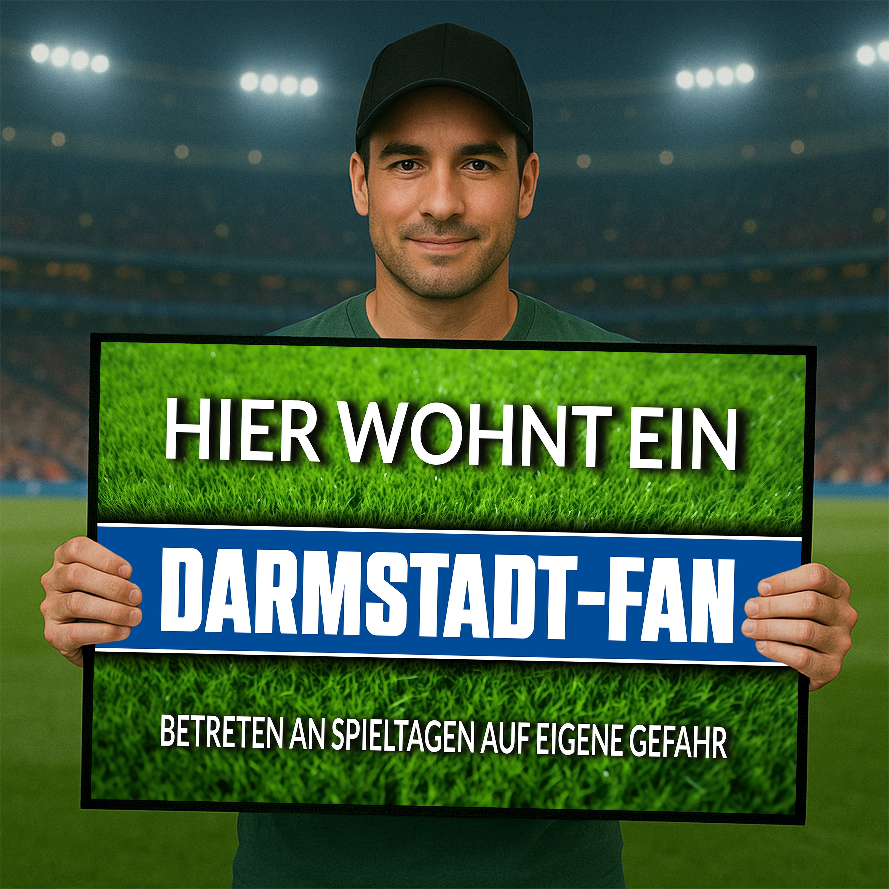 Fußmatte Rasenoptik für Fußball Fans | Hier wohnt ein Darmstadt Fan - Betreten an Spieltagen auf eigene Gefahr! | Türmatte mit Spruch | 60x40cm | für innen und außen | Vorleger für Haustür / Flur