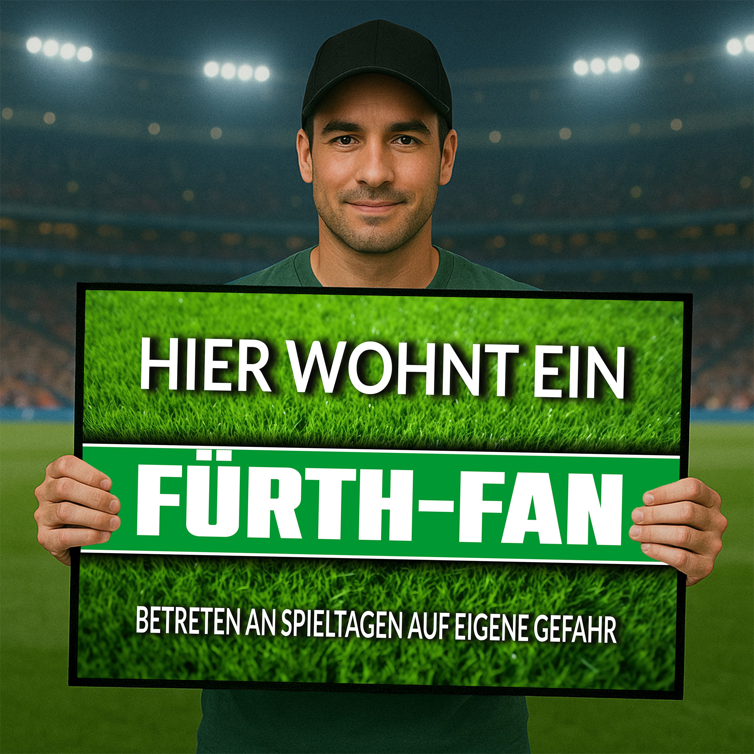 Fußmatte Rasenoptik für Fußball Fans | Hier wohnt ein Fürth Fan - Betreten an Spieltagen auf eigene Gefahr! | Türmatte mit Spruch | 60x40cm | für innen und außen | Vorleger für Haustür / Flur