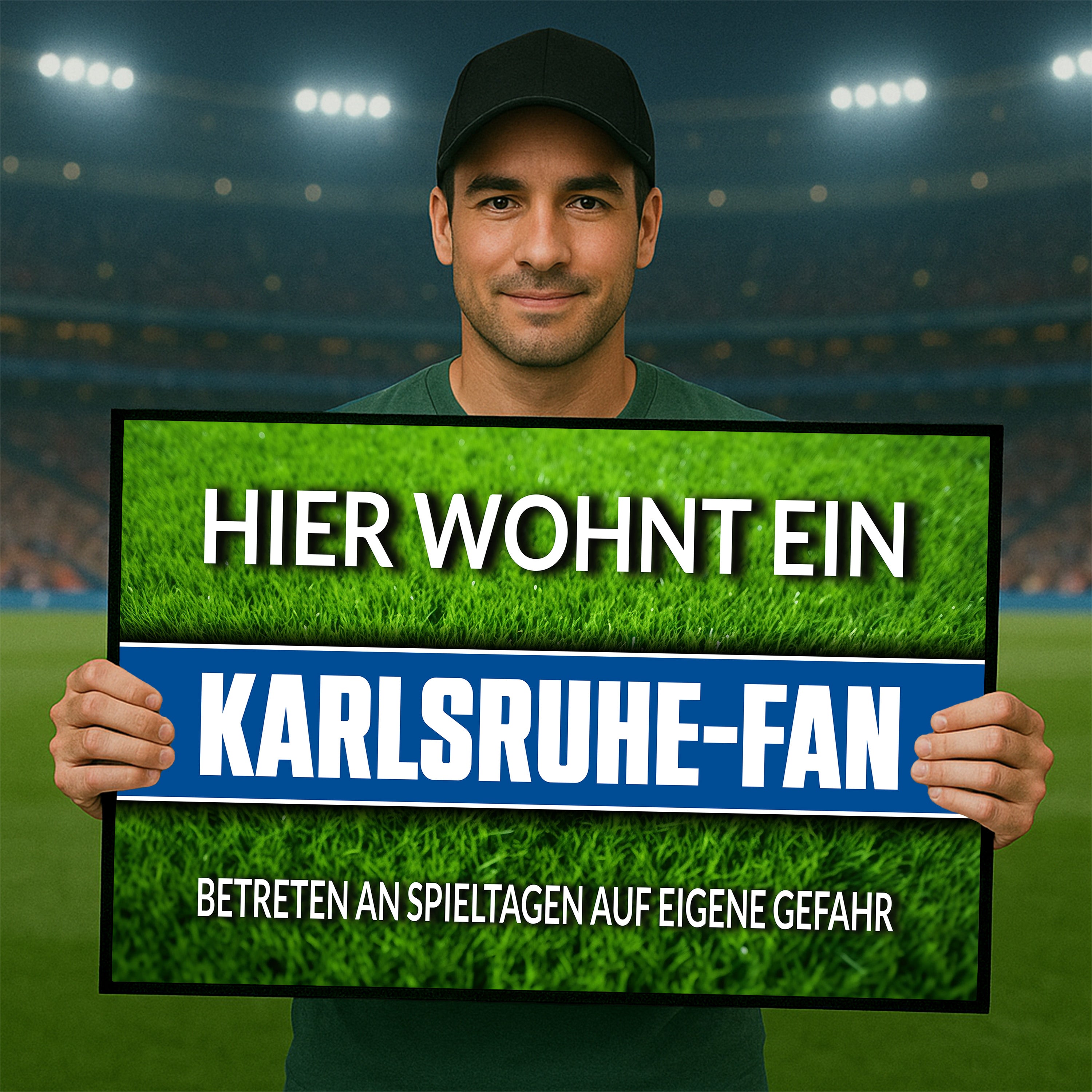 Fußmatte Rasenoptik für Fußball Fans | Hier wohnt ein Karlsruhe Fan - Betreten an Spieltagen auf eigene Gefahr! | Türmatte mit Spruch | 60x40cm | für innen und außen | Vorleger für Haustür / Flur