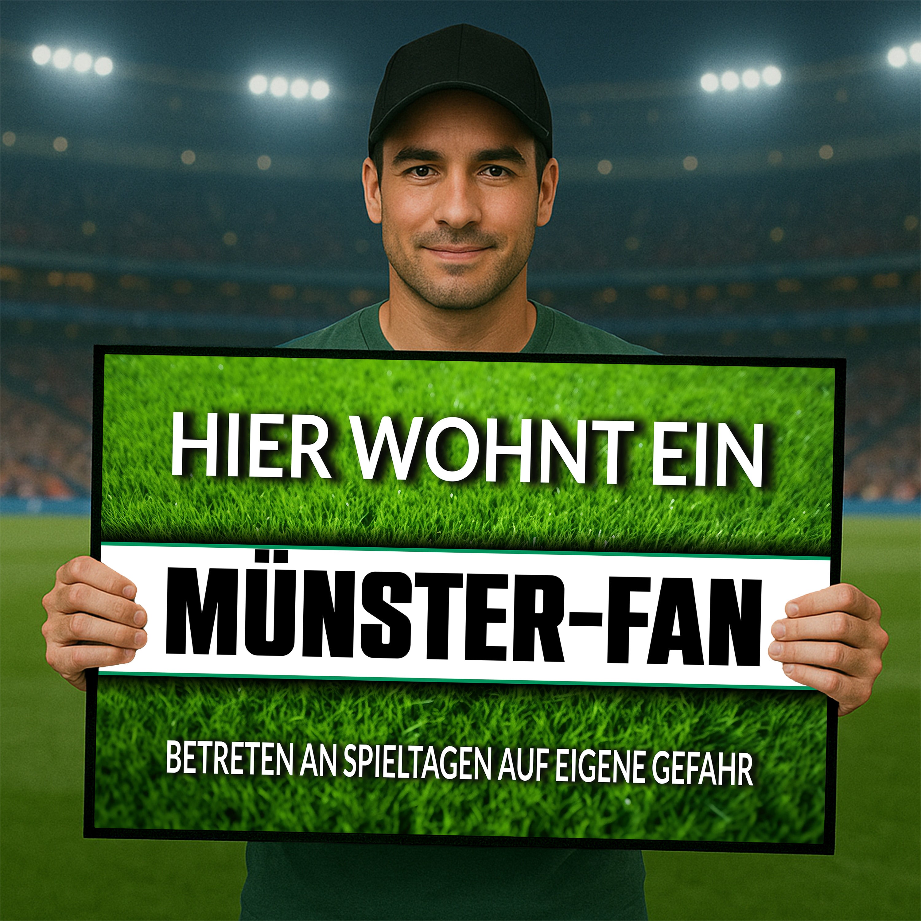 Fußmatte Rasenoptik für Fußball Fans | Hier wohnt ein Münster Fan - Betreten an Spieltagen auf eigene Gefahr! | Türmatte mit Spruch | 60x40cm | für innen und außen | Vorleger für Haustür / Flur