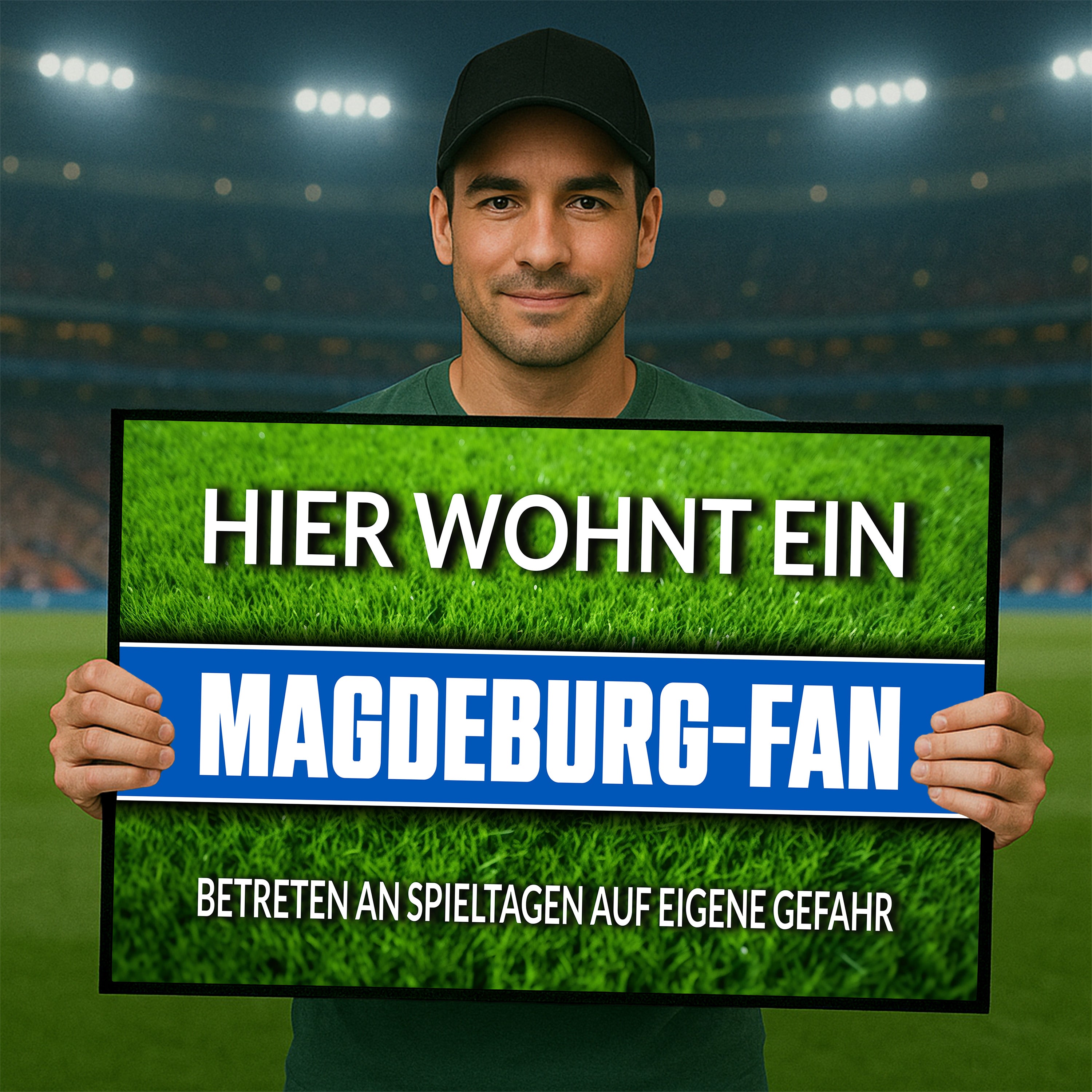 Fußmatte Rasenoptik für Fußball Fans | Hier wohnt ein Magdeburg Fan - Betreten an Spieltagen auf eigene Gefahr! | Türmatte mit Spruch | 60x40cm | für innen und außen | Vorleger für Haustür / Flur