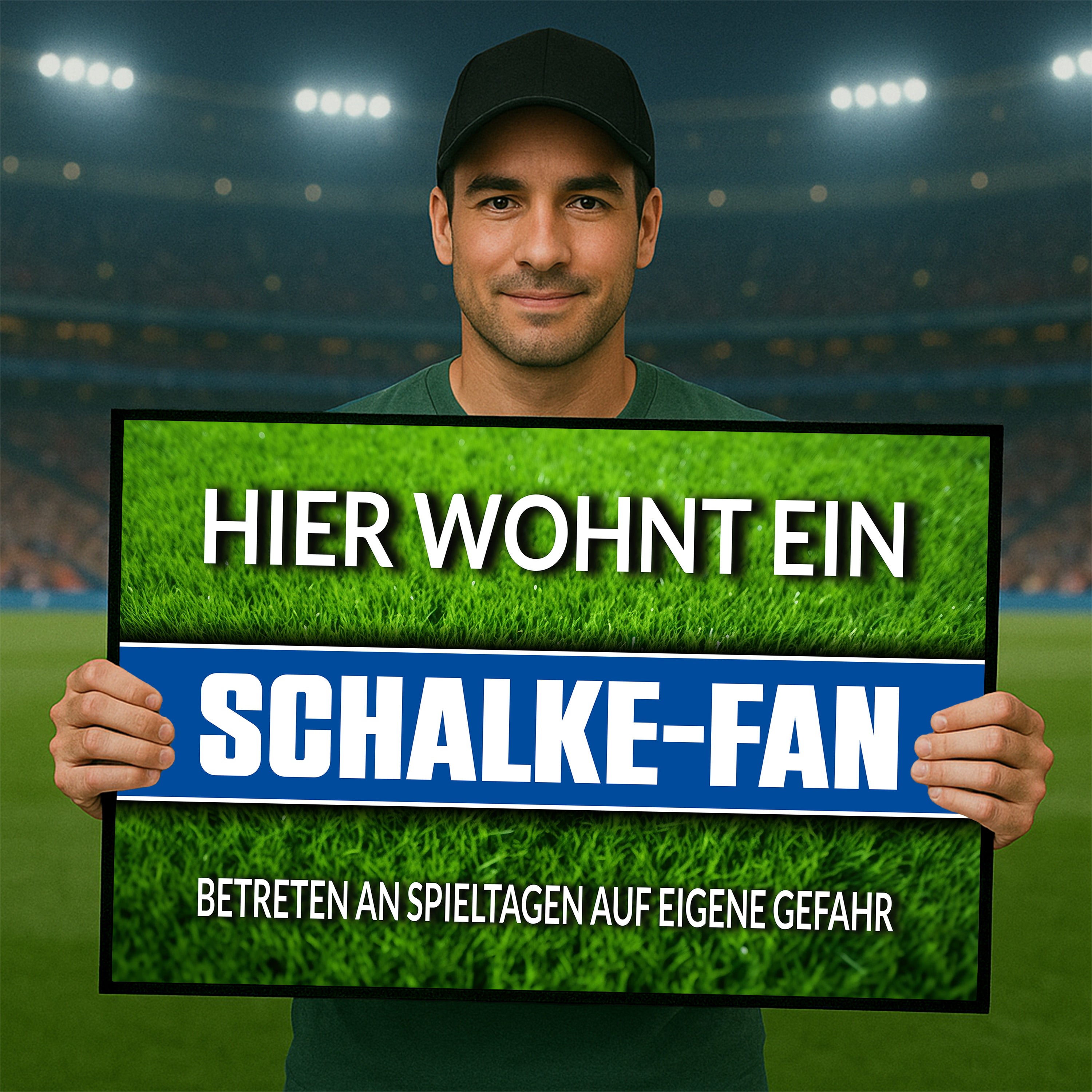 Fußmatte Rasenoptik für Fußball Fans | Hier wohnt ein Schalke Fan - Betreten an Spieltagen auf eigene Gefahr! | Türmatte mit Spruch | 60x40cm | für innen und außen | Vorleger für Haustür / Flur