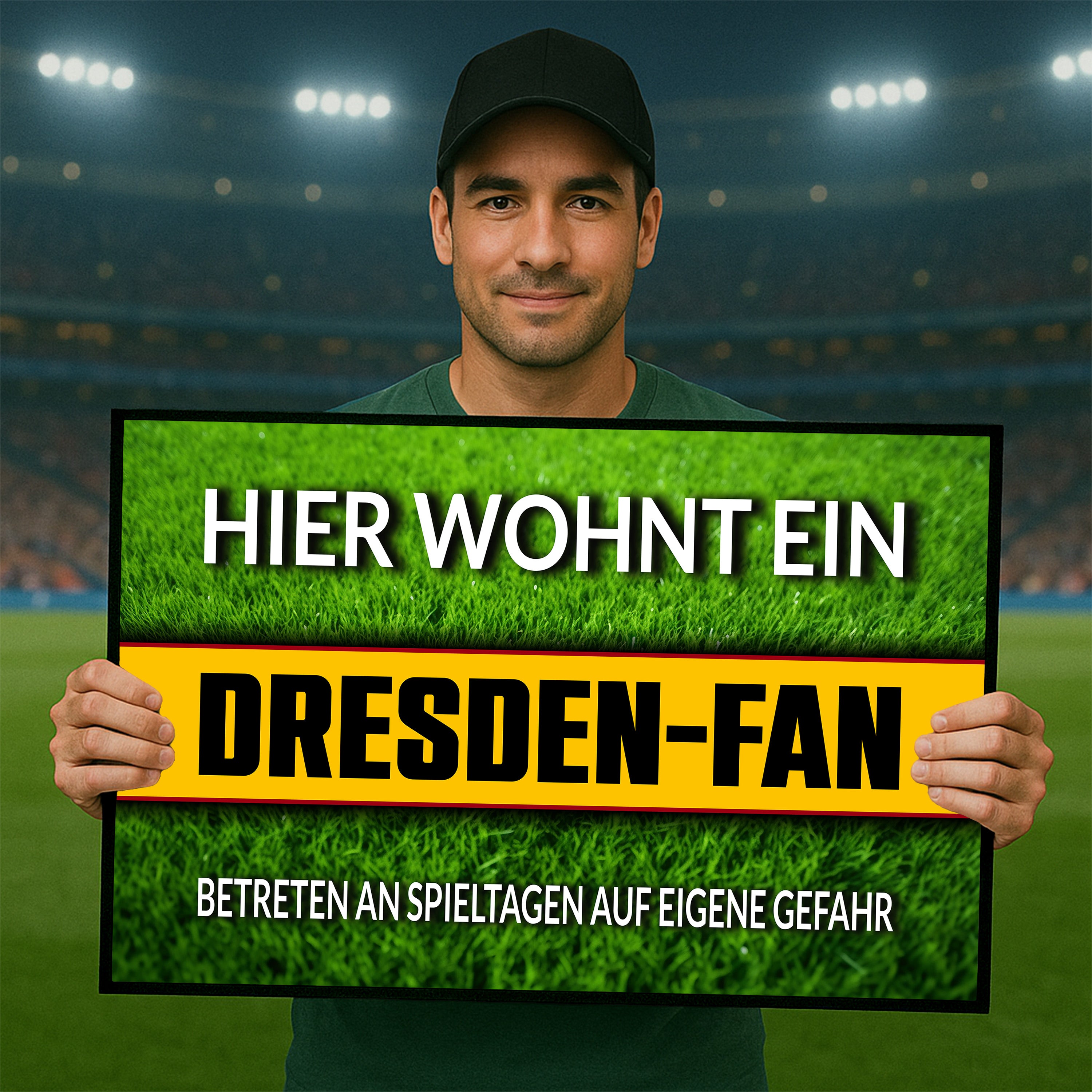 Fußmatte Rasenoptik für Fußball Fans | Hier wohnt ein Dresden Fan - Betreten an Spieltagen auf eigene Gefahr! | Türmatte mit Spruch | 60x40cm | für innen und außen | Vorleger für Haustür / Flur
