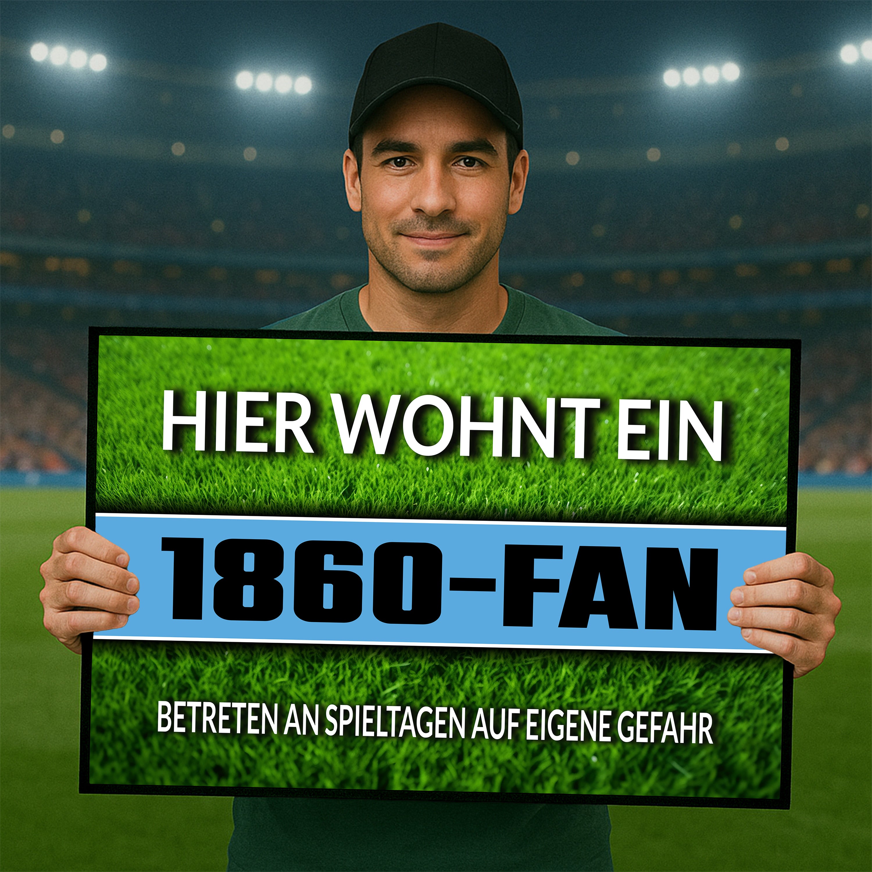 Fußmatte Rasenoptik für Fußball Fans | Hier wohnt ein 1860 Fan - Betreten an Spieltagen auf eigene Gefahr! | Türmatte mit Spruch | 60x40cm | für innen und außen | Vorleger für Haustür / Flur