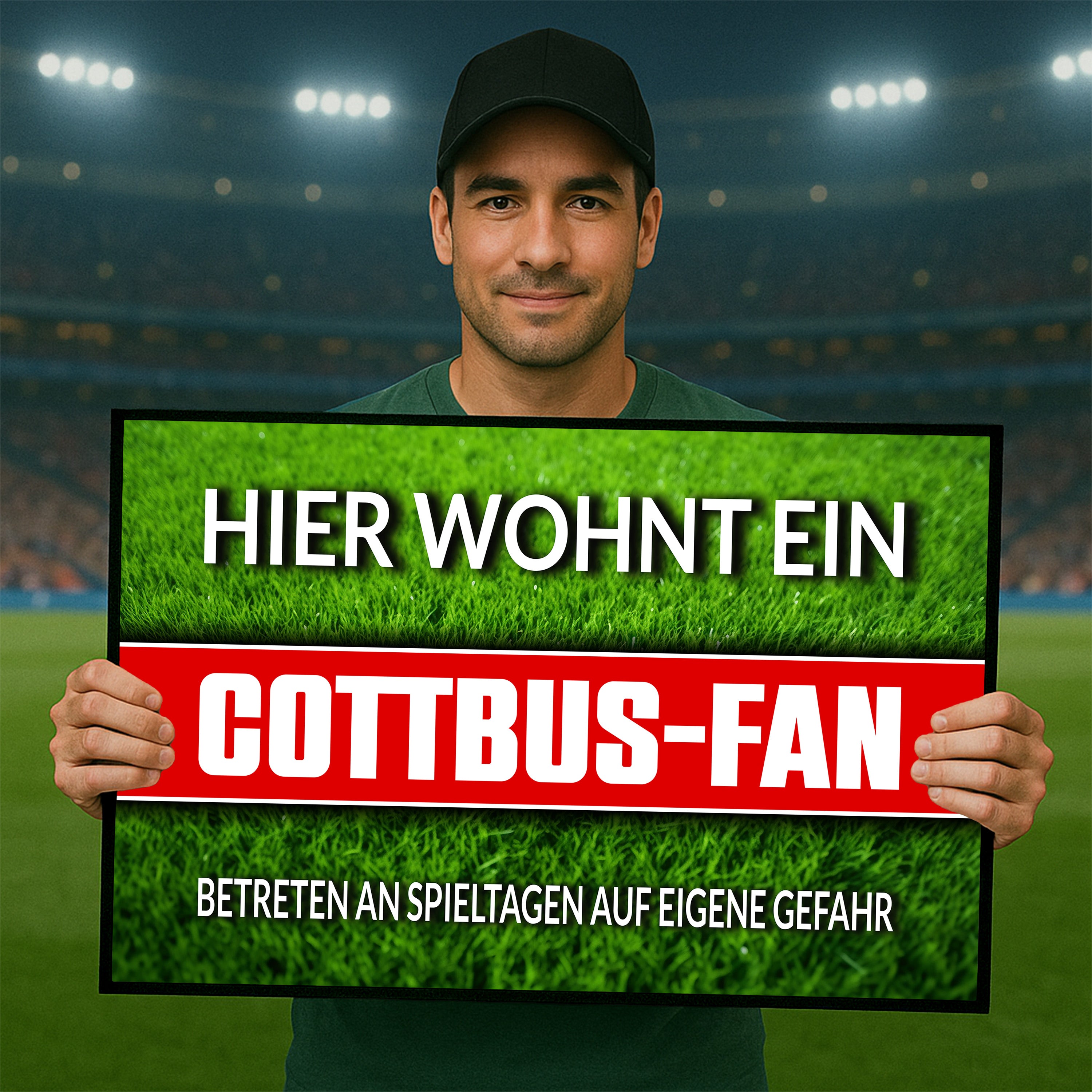 Fußmatte Rasenoptik für Fußball Fans | Hier wohnt ein Cottbus Fan - Betreten an Spieltagen auf eigene Gefahr! | Türmatte mit Spruch | 60x40cm | für innen und außen | Vorleger für Haustür / Flur
