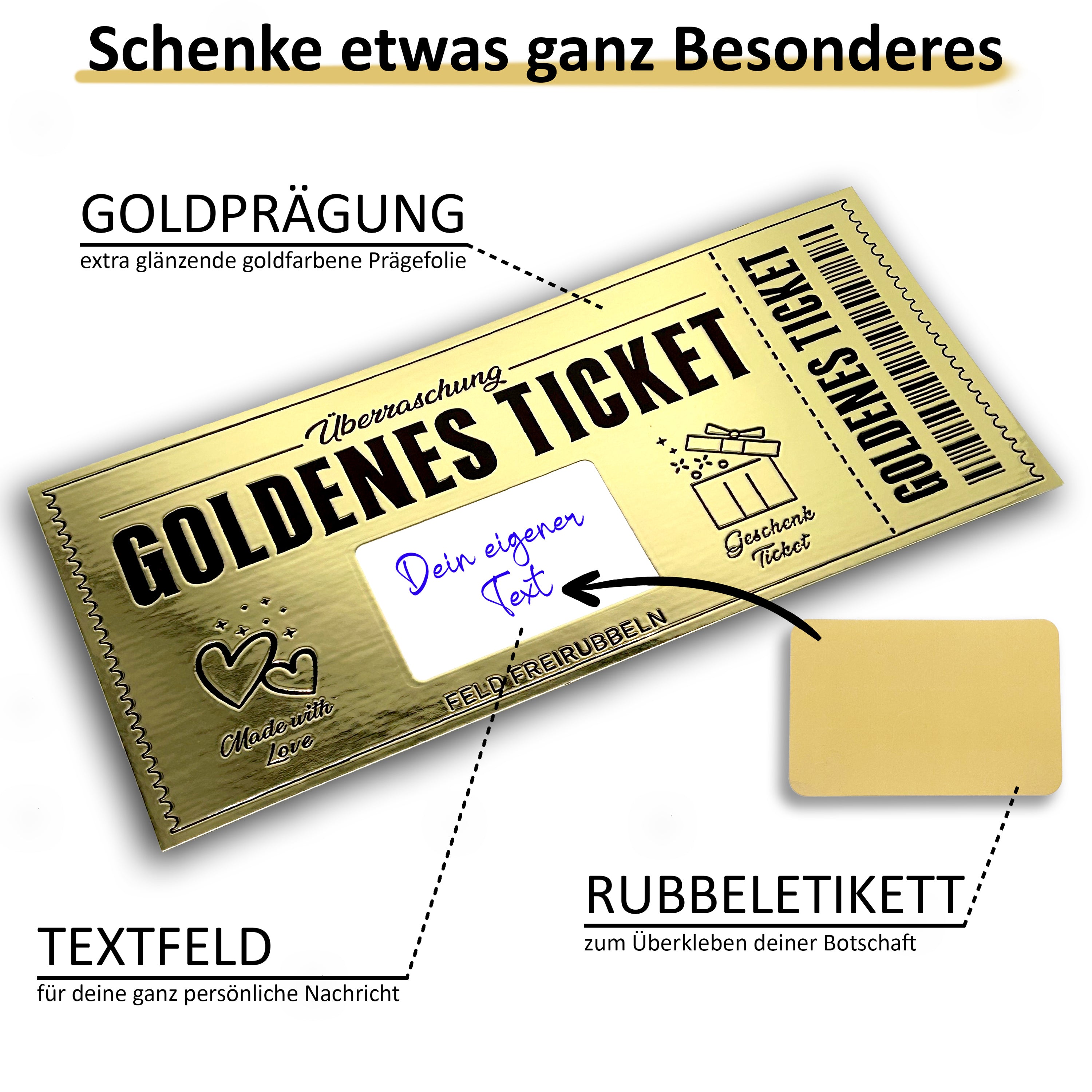 Goldenes Ticket zum selber ausfüllen mit Rubbelfeld - Rubbelaufkleber und Beschriftungsfeld - goldfarbig