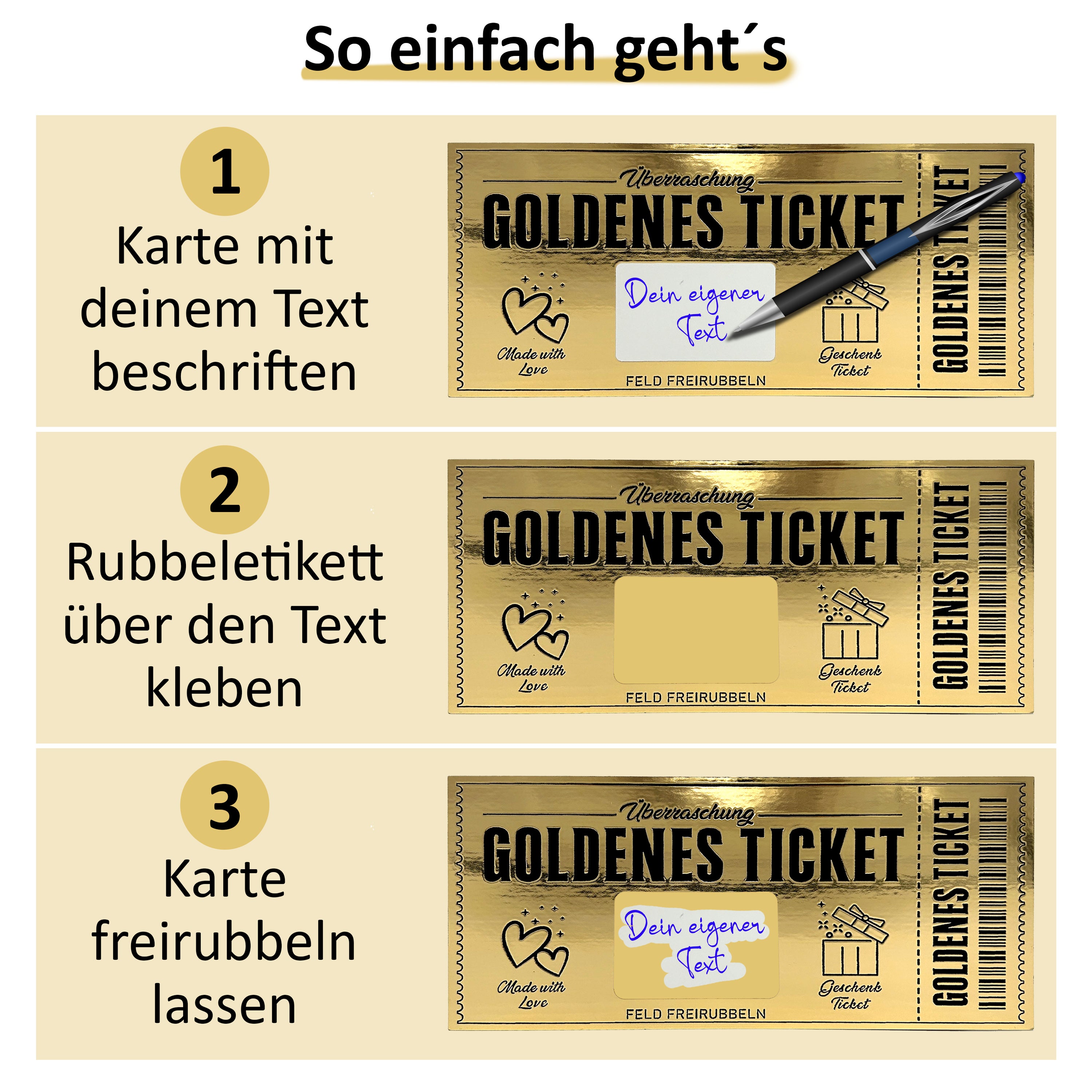 Goldenes Ticket zum selber ausfüllen mit Rubbelfeld - Rubbelaufkleber und Beschriftungsfeld - goldfarbig