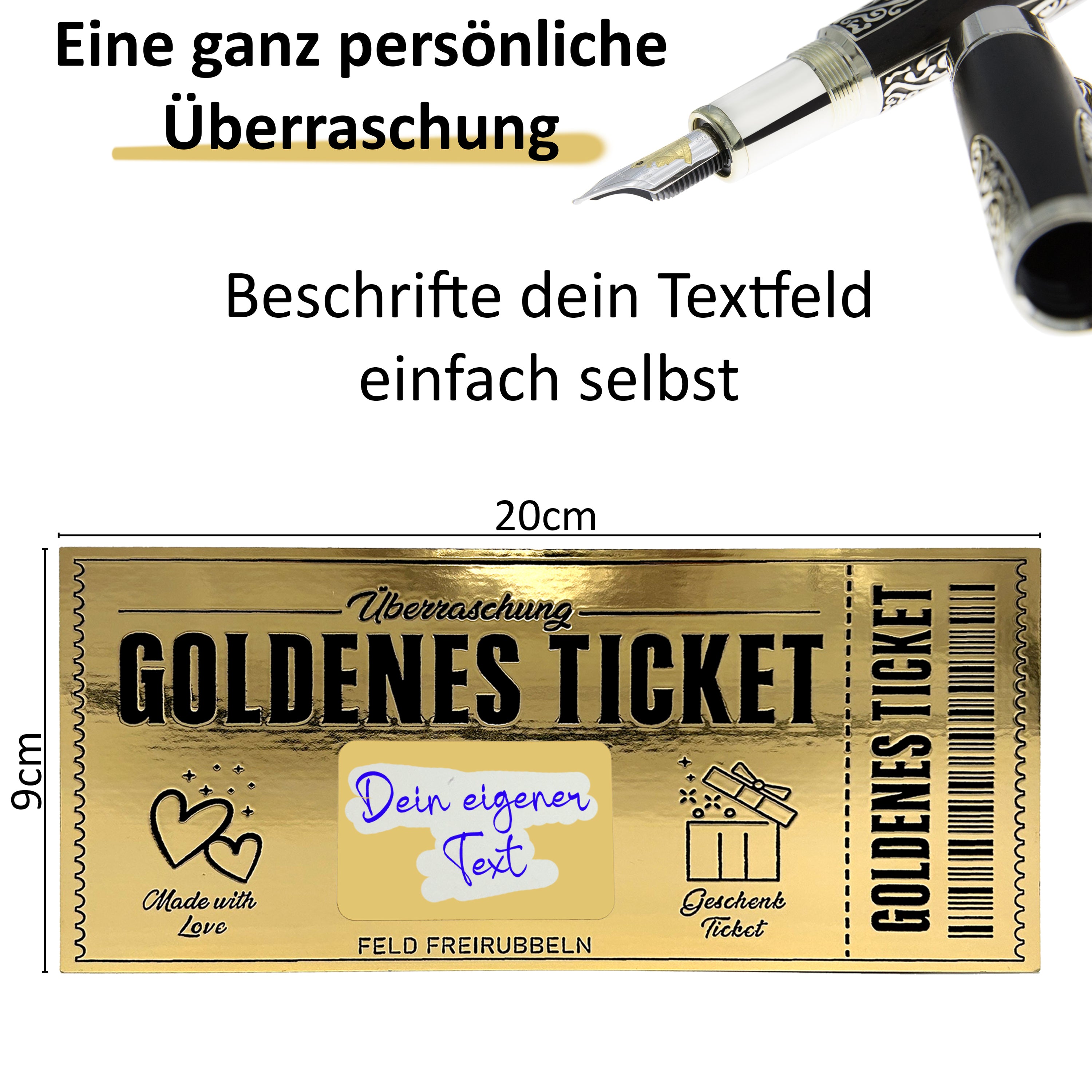 Goldenes Ticket zum selber ausfüllen mit Rubbelfeld - Rubbelaufkleber und Beschriftungsfeld - goldfarbig